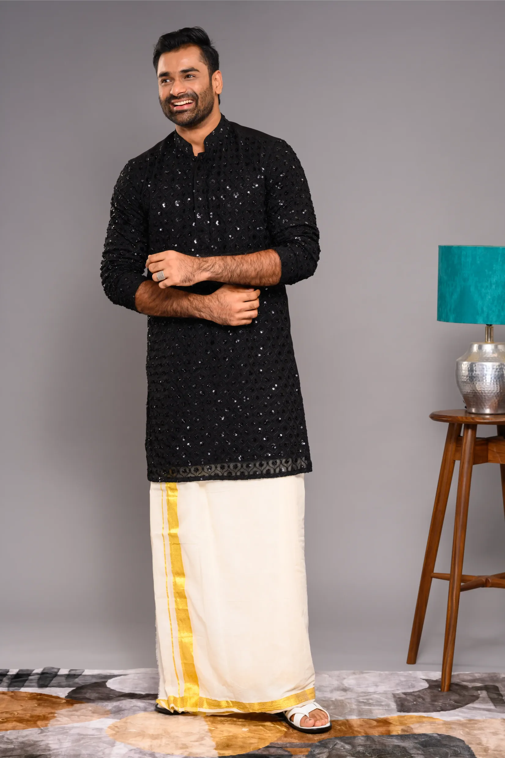 Designer Black Kurta with Glossy Self Surface Embroidery (Kurta Only)