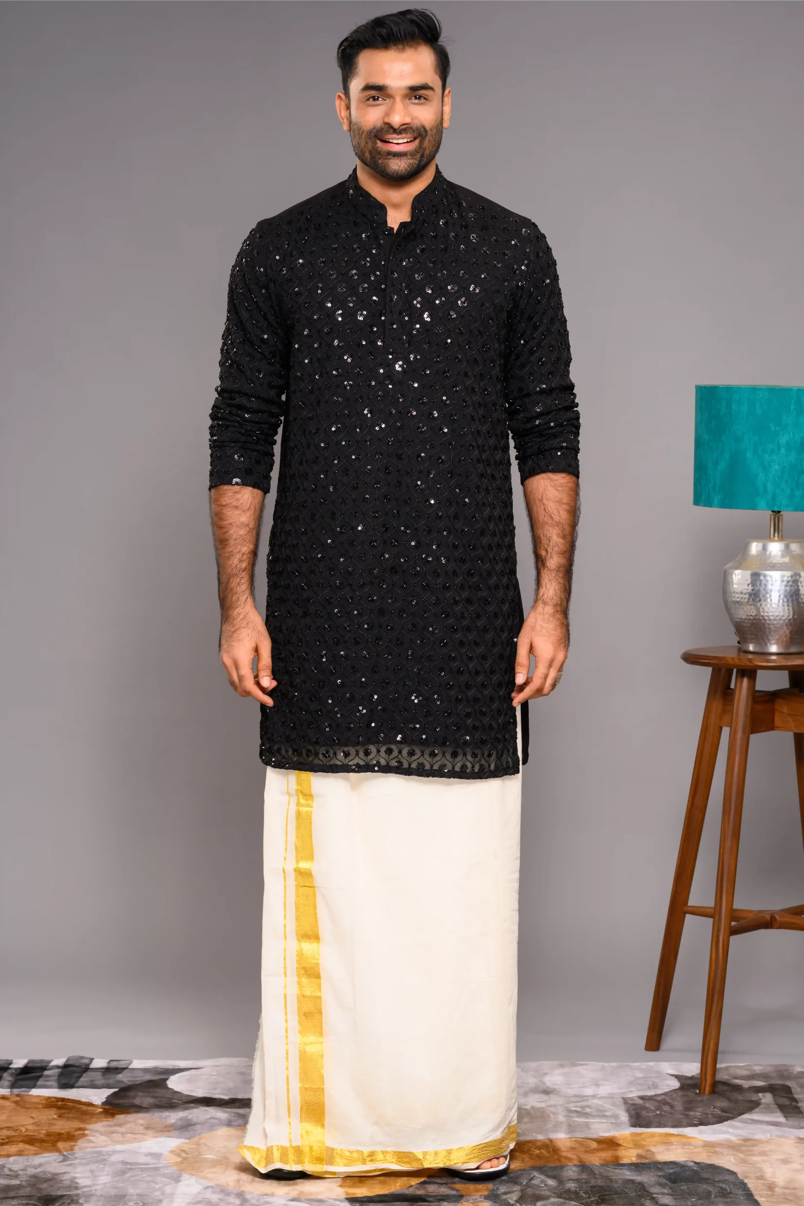 Designer Black Kurta with Glossy Self Surface Embroidery (Kurta Only)