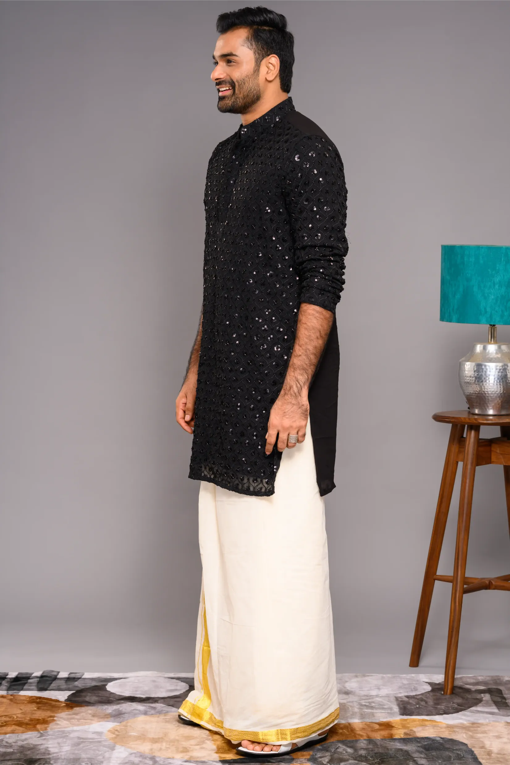 Designer Black Kurta with Glossy Self Surface Embroidery (Kurta Only)