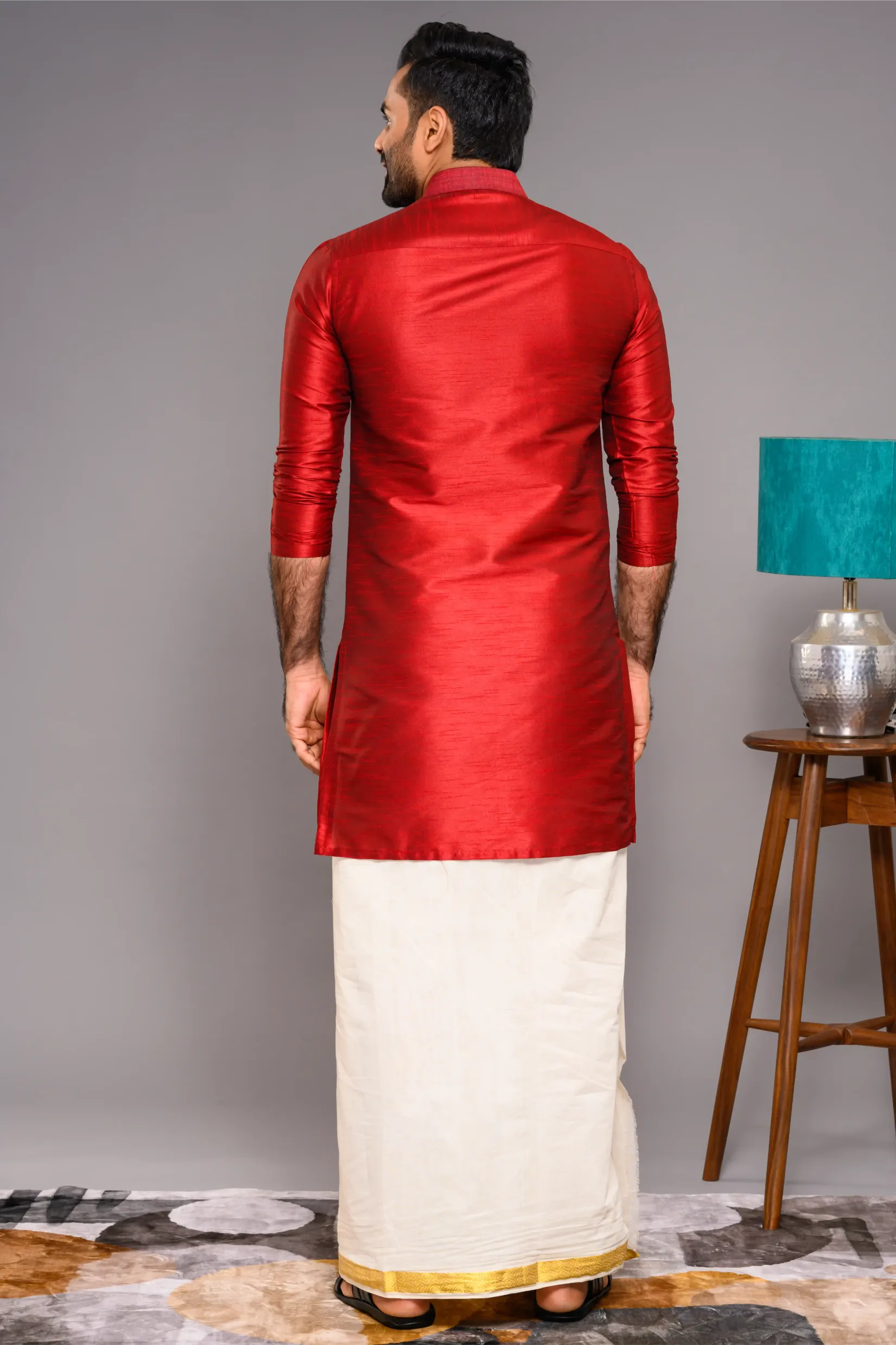 Cadmium Red Silk Kurta with contrast self design detailing on chest (Kurta Only)