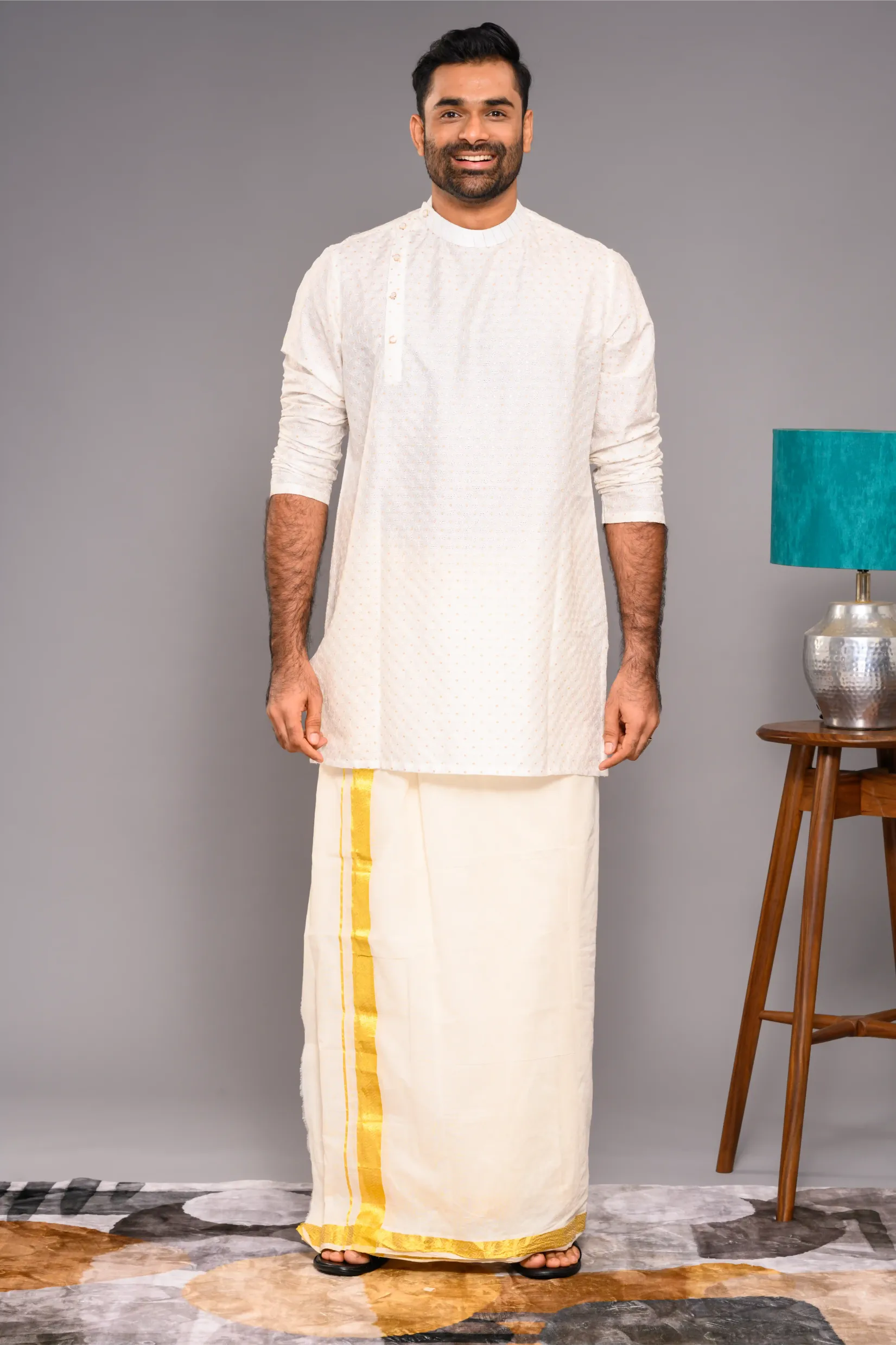 Classic Ivory Silk Kurta with side open closure opening with surface fabric embroidery (Kurta Only)