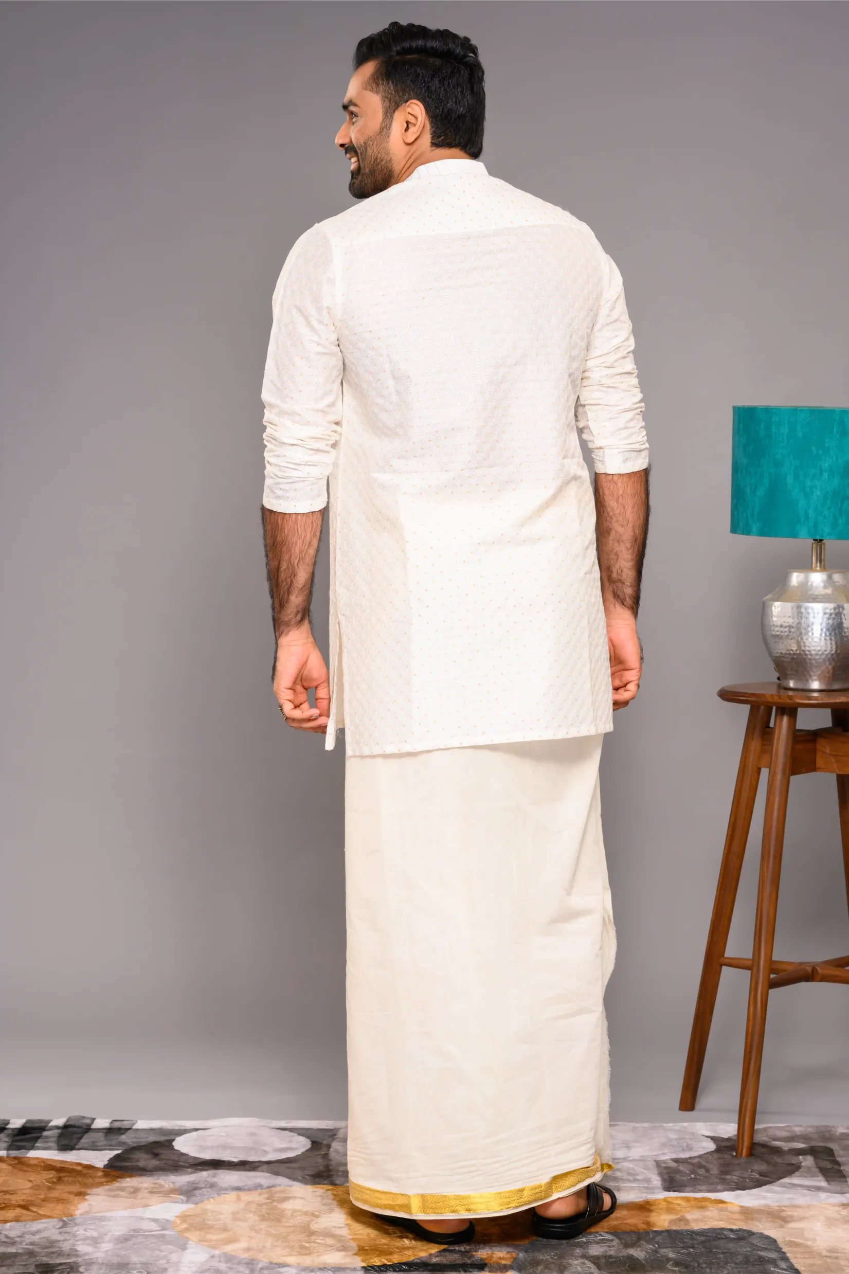 Classic Ivory Silk Kurta with side open closure opening with surface fabric embroidery (Kurta Only)