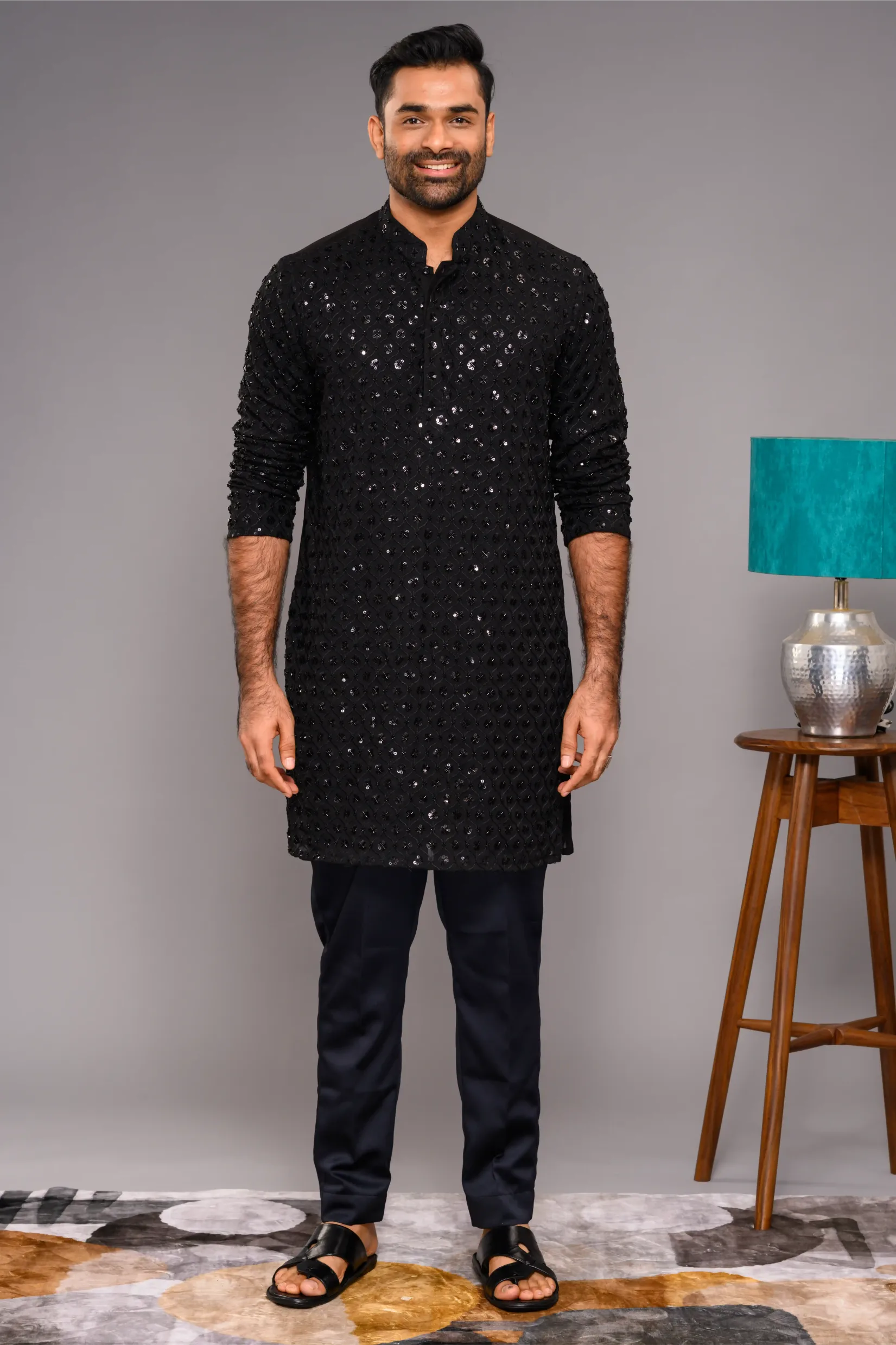 Designer Black Kurta with Glossy Self Surface Embroidery paired with Narrow Pants (Kurta Only)