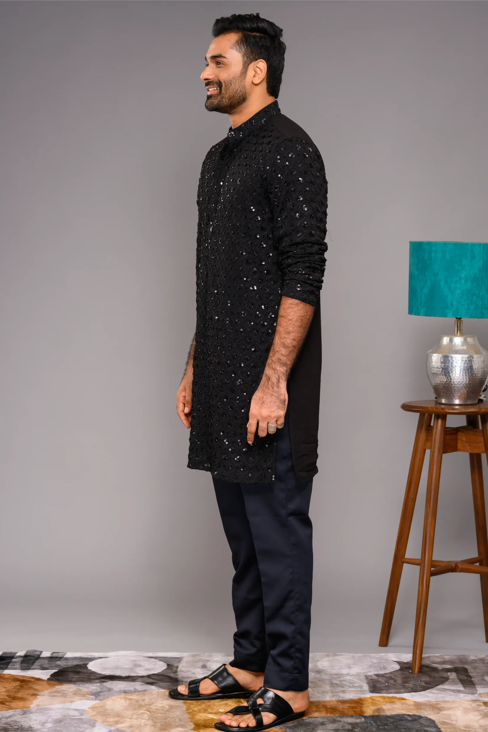 Designer Black Kurta with Glossy Self Surface Embroidery paired with Narrow Pants (Kurta Only)