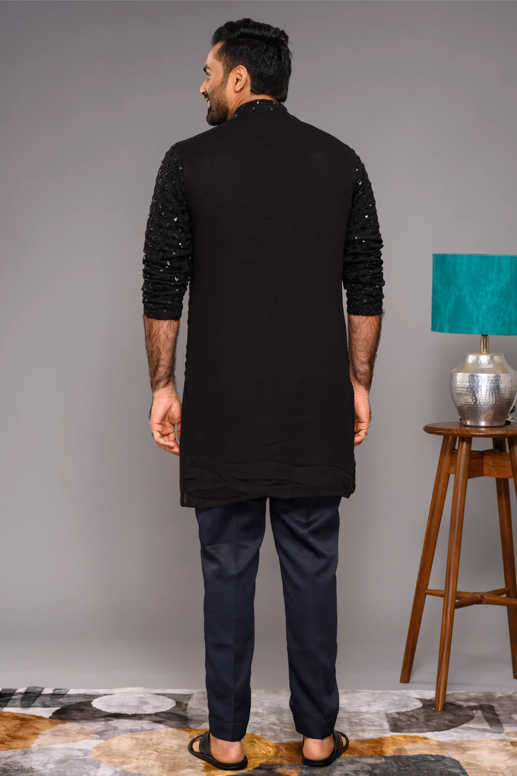 Designer Black Kurta with Glossy Self Surface Embroidery paired with Narrow Pants (Kurta Only)