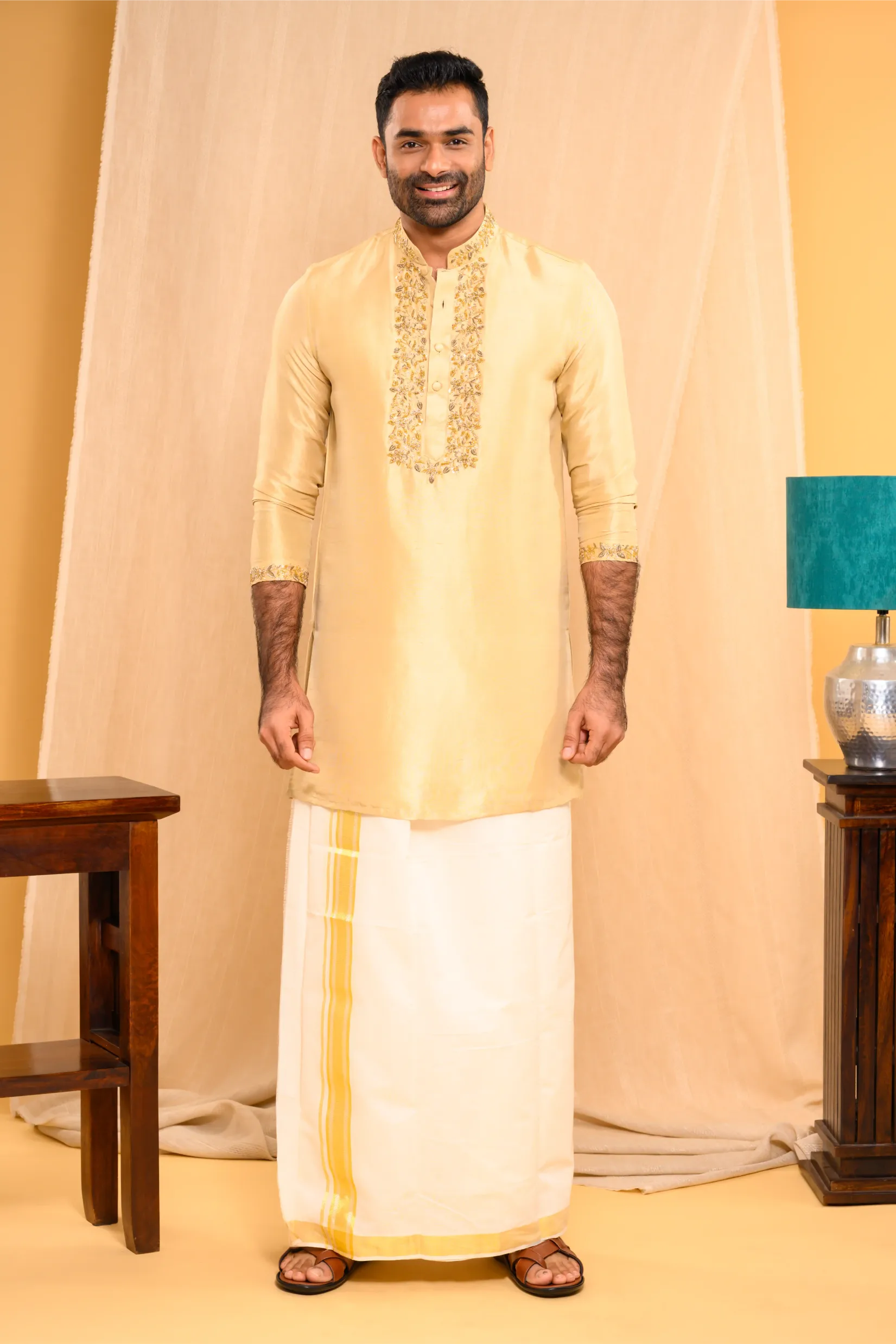 Light Golden Silk Kurta with Heavy Golden Handwork detailing on wide placket border & sleeve edge (Kurta Only)