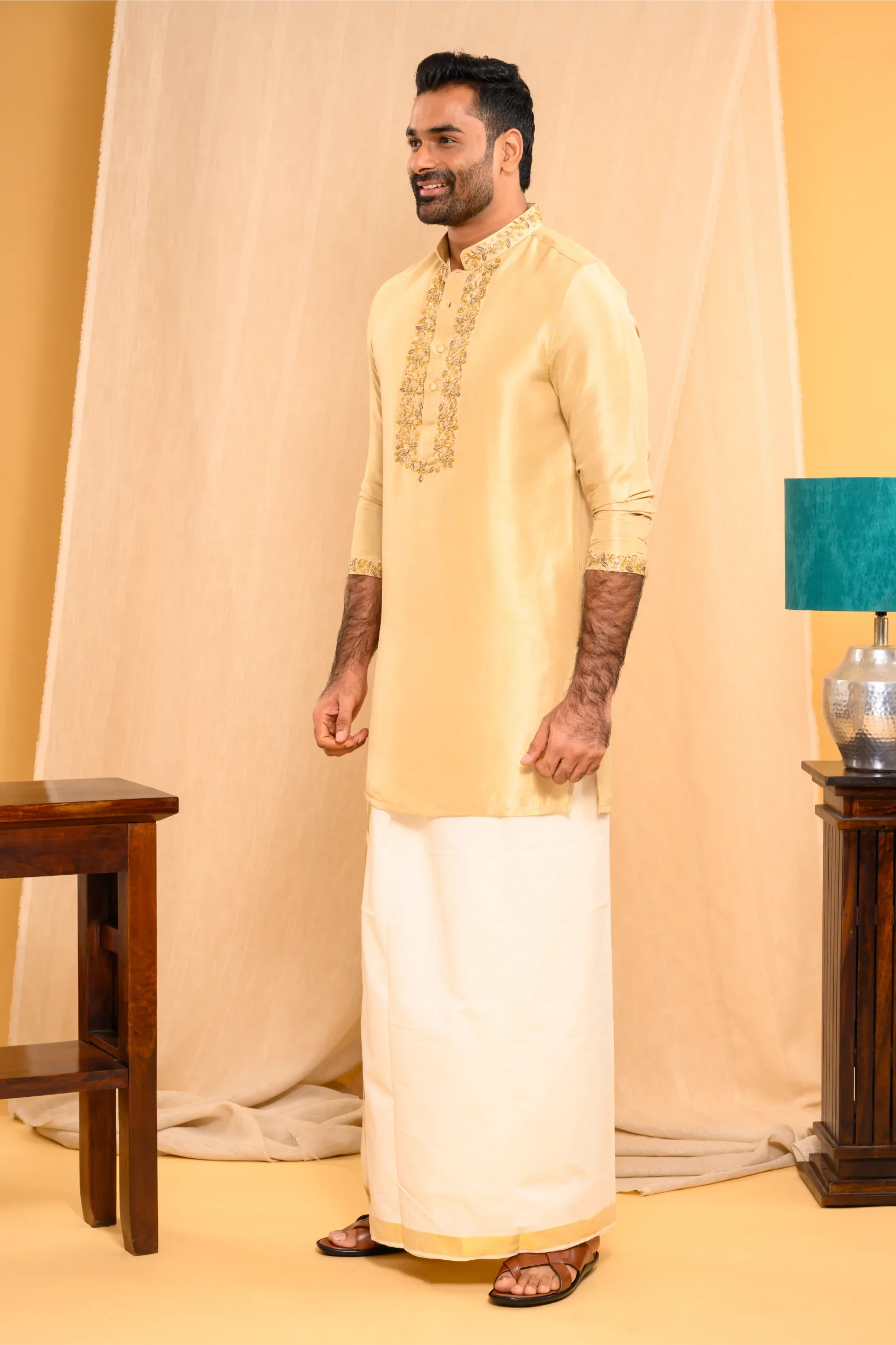 Light Golden Silk Kurta with Heavy Golden Handwork detailing on wide placket border & sleeve edge (Kurta Only)