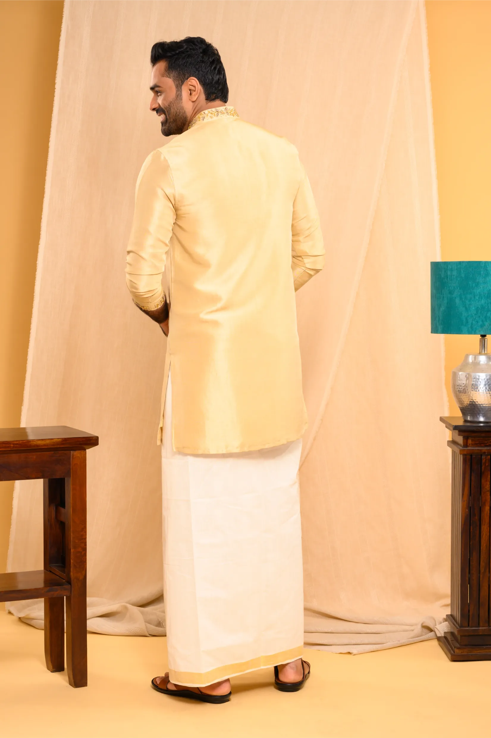 Light Golden Silk Kurta with Heavy Golden Handwork detailing on wide placket border & sleeve edge (Kurta Only)