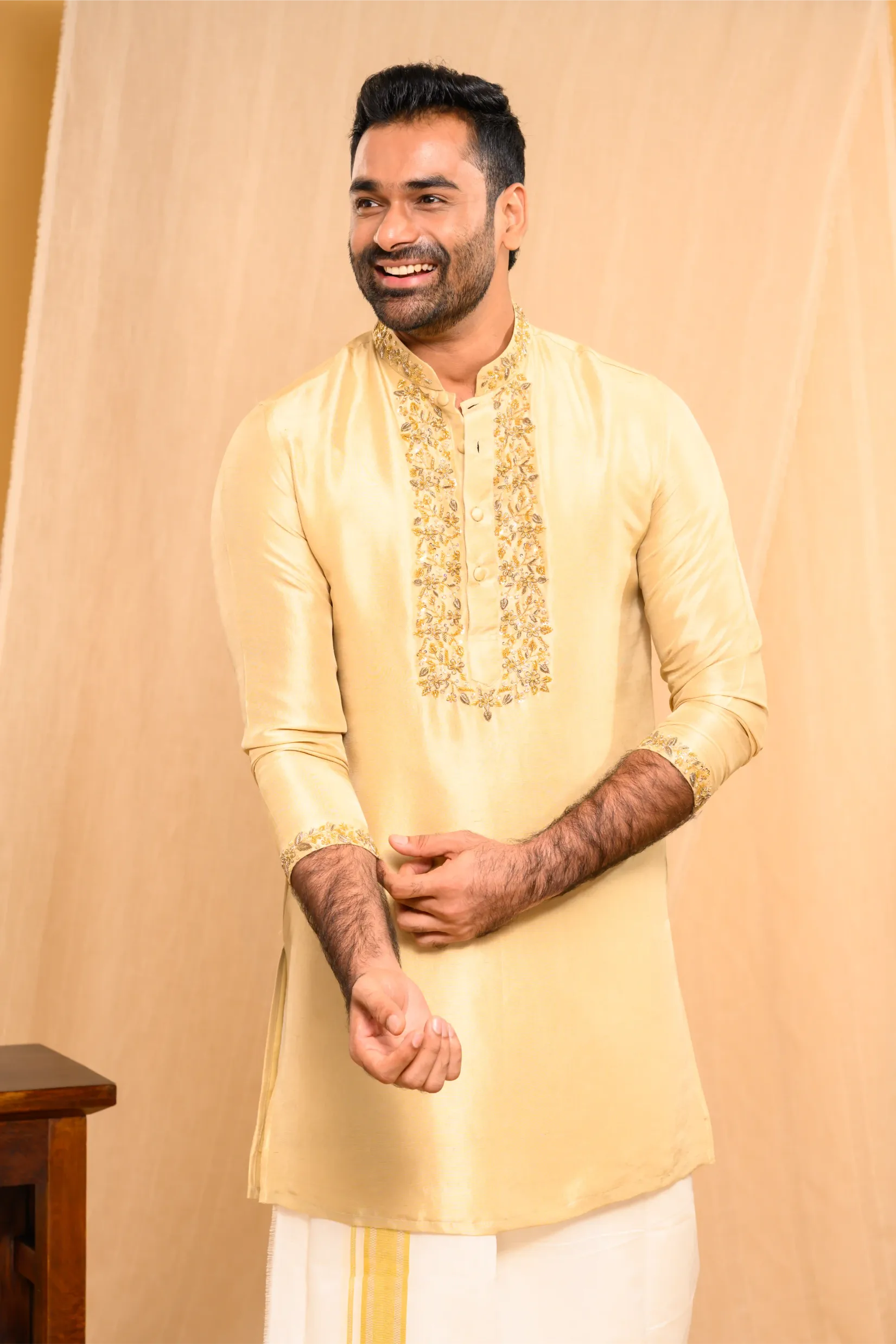 Light Golden Silk Kurta with Heavy Golden Handwork detailing on wide placket border & sleeve edge (Kurta Only)