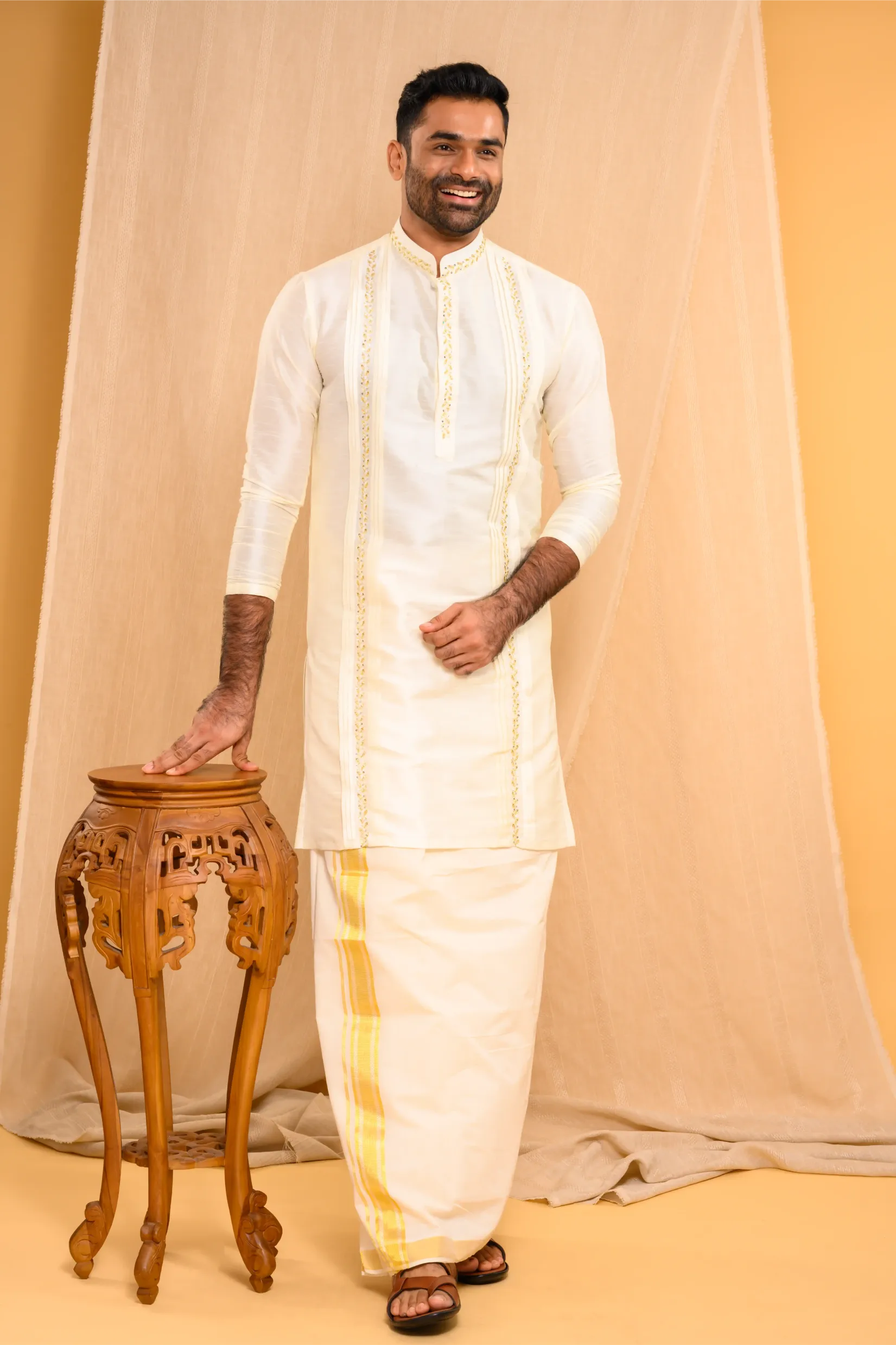 Ivory Silk Kurta with Hand Embroidery & pleat detailing (Kurta Only)
