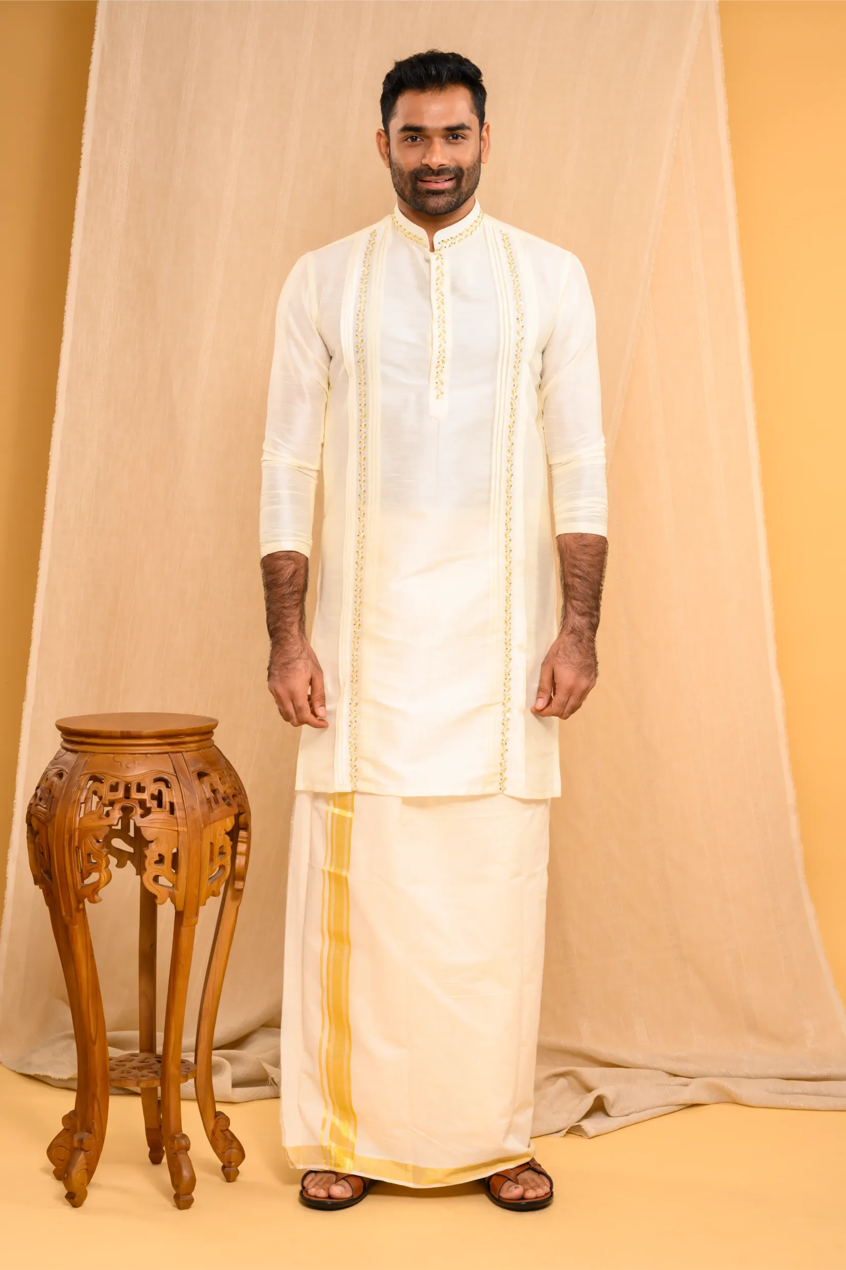 Ivory Silk Kurta with Hand Embroidery & pleat detailing (Kurta Only)