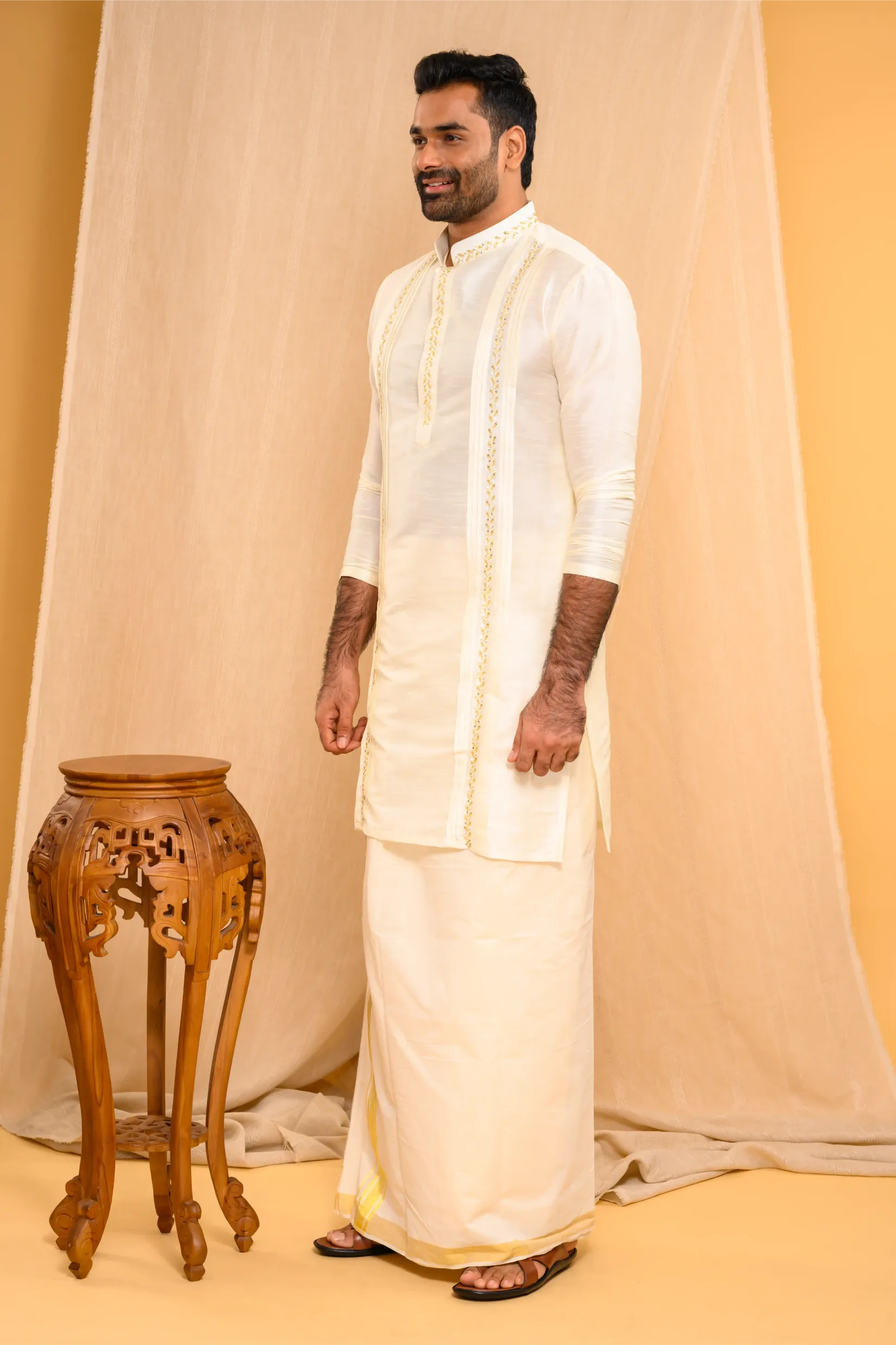 Ivory Silk Kurta with Hand Embroidery & pleat detailing (Kurta Only)