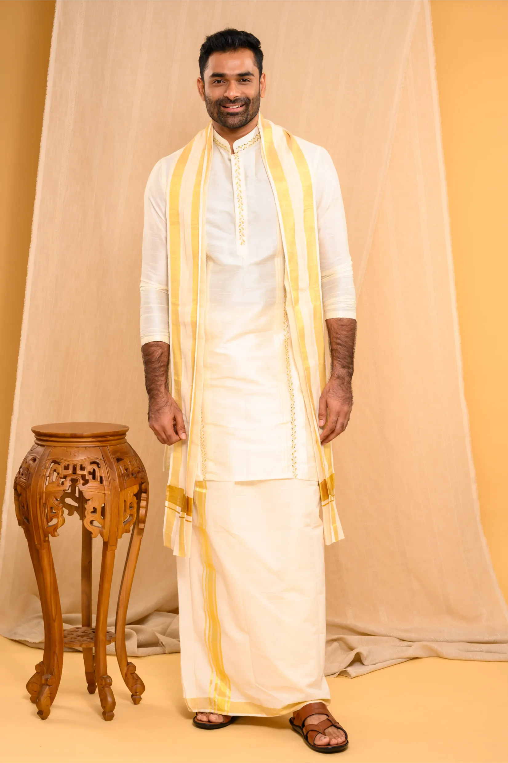 Ivory Silk Kurta with Hand Embroidery & pleat detailing (Kurta Only)