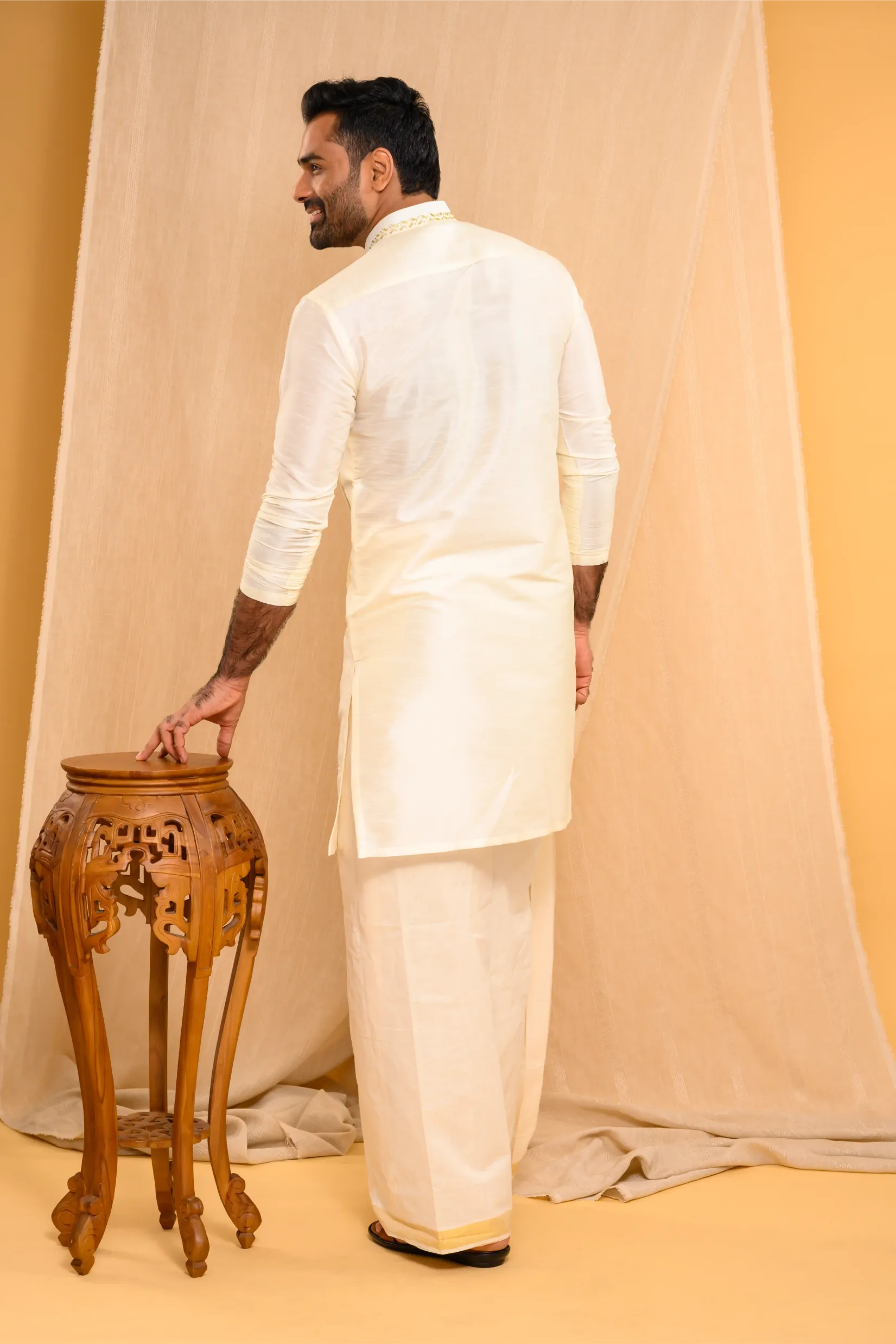 Ivory Silk Kurta with Hand Embroidery & pleat detailing (Kurta Only)