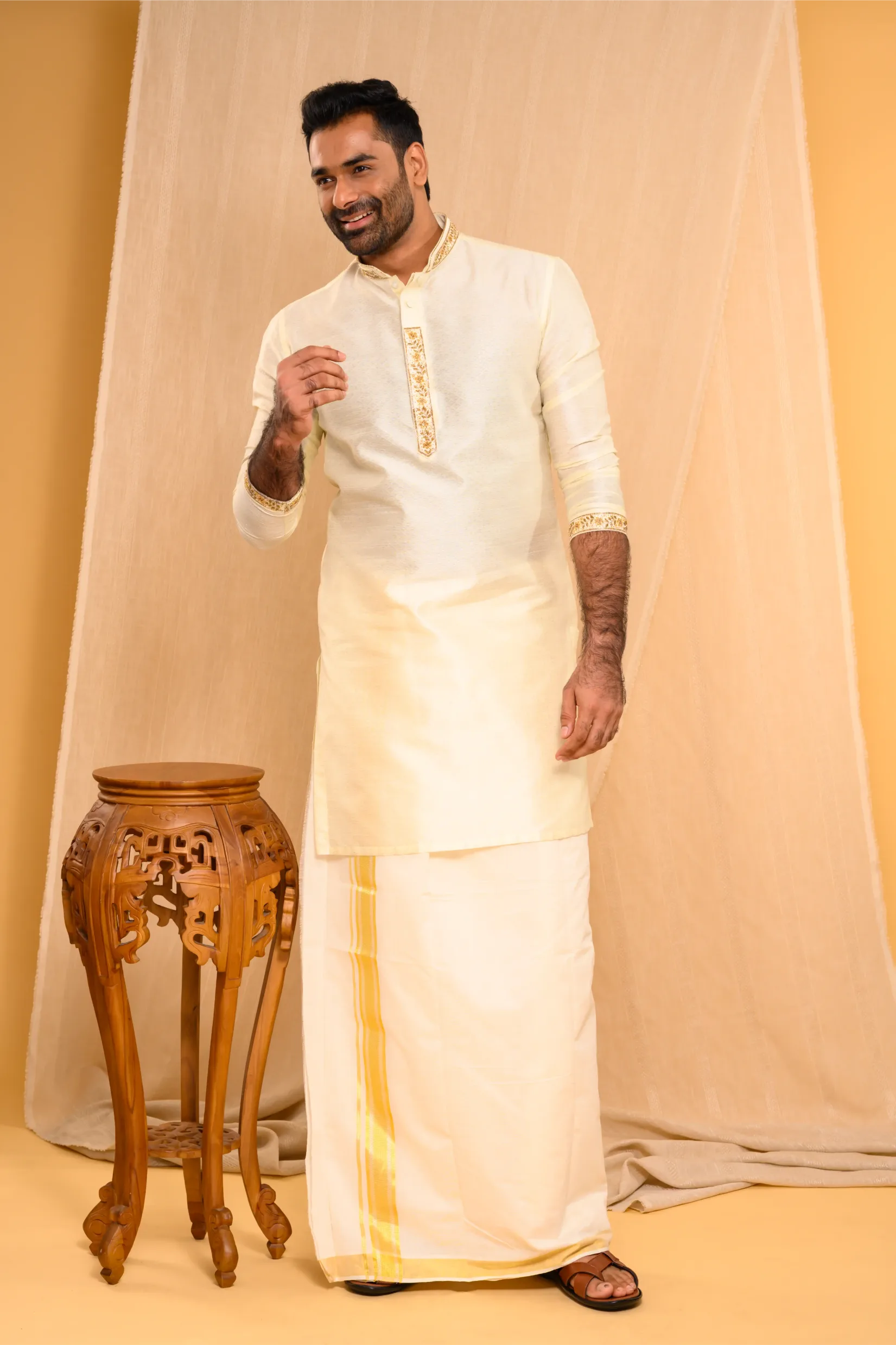 Self Design Silk Kurta with Light Hand Embroidery detailing on placket, sleeve edge & Neck (Kurta Only)