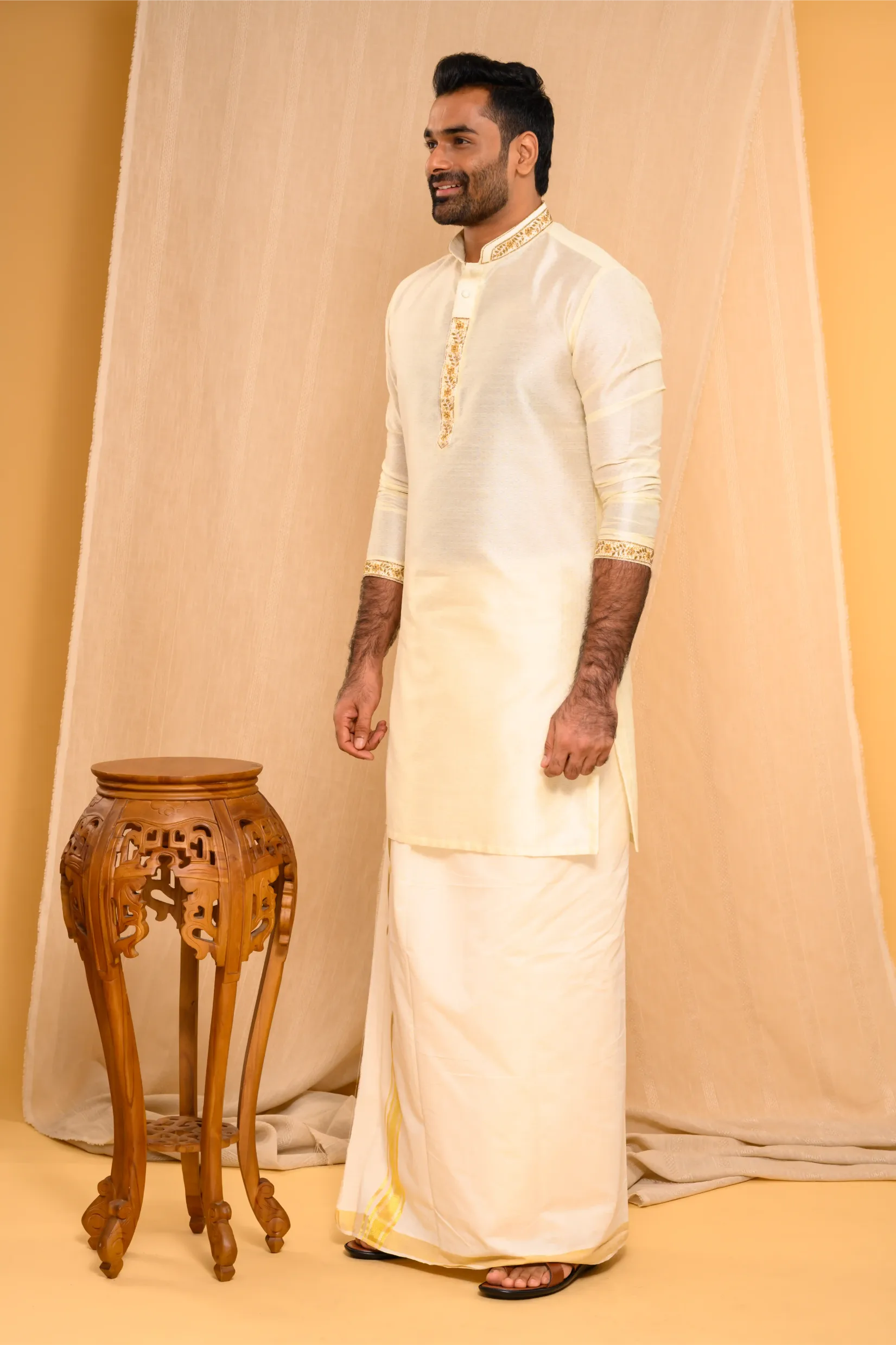 Self Design Silk Kurta with Light Hand Embroidery detailing on placket, sleeve edge & Neck (Kurta Only)