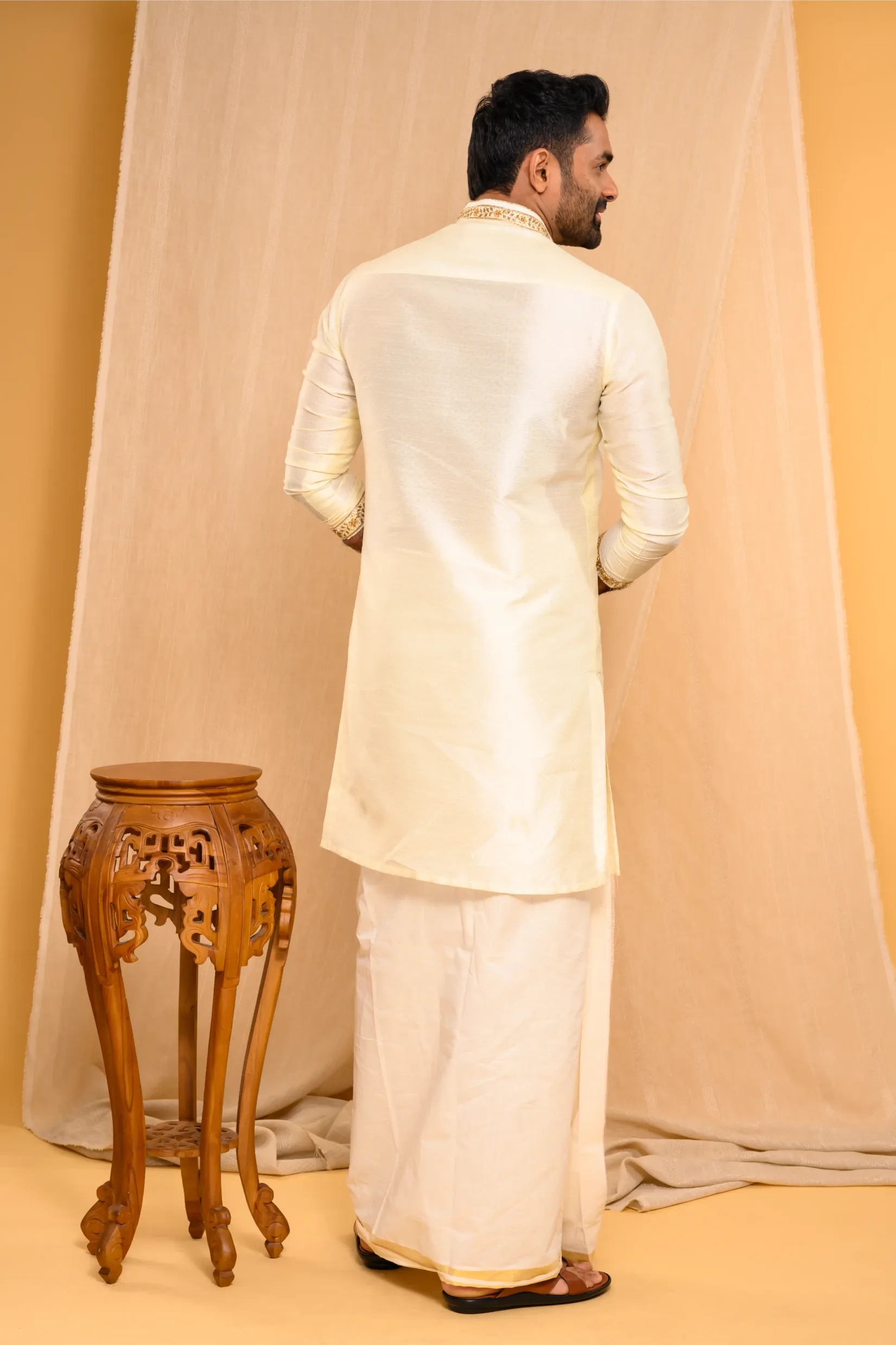 Self Design Silk Kurta with Light Hand Embroidery detailing on placket, sleeve edge & Neck (Kurta Only)