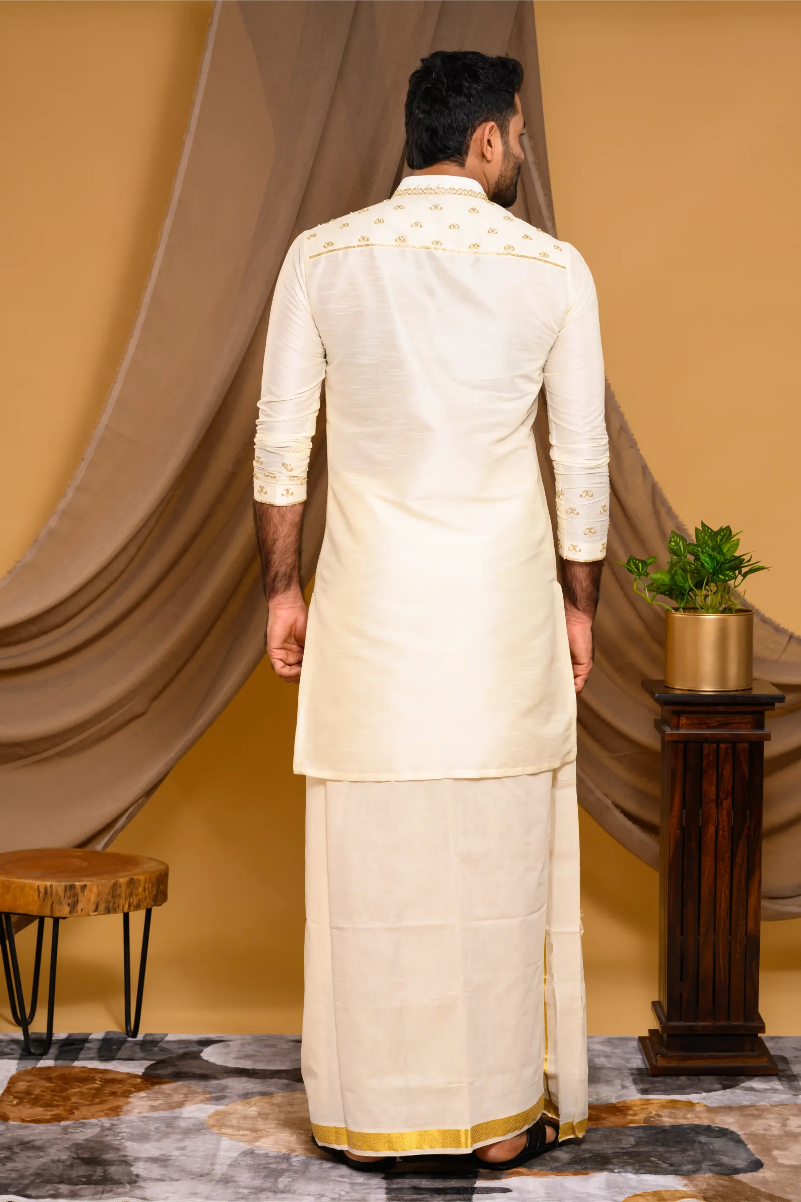 Ivory Silk Kurta with Light Hand Embroidery detailing on placket, sleeve edge & Neck (Kurta Only)