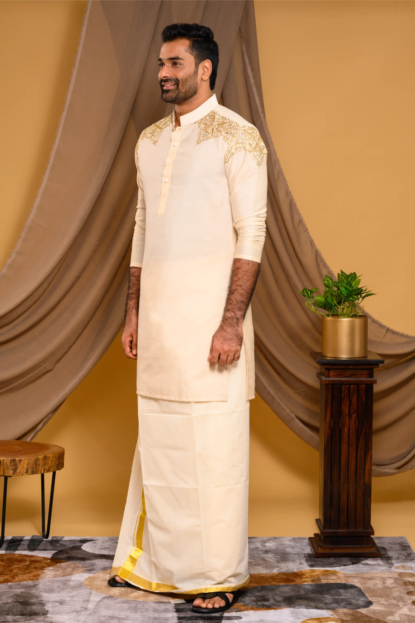 Light Sand Golden Silk Kurta with Heavy Hand Embroidery detailing on Shoulder (Kurta Only)