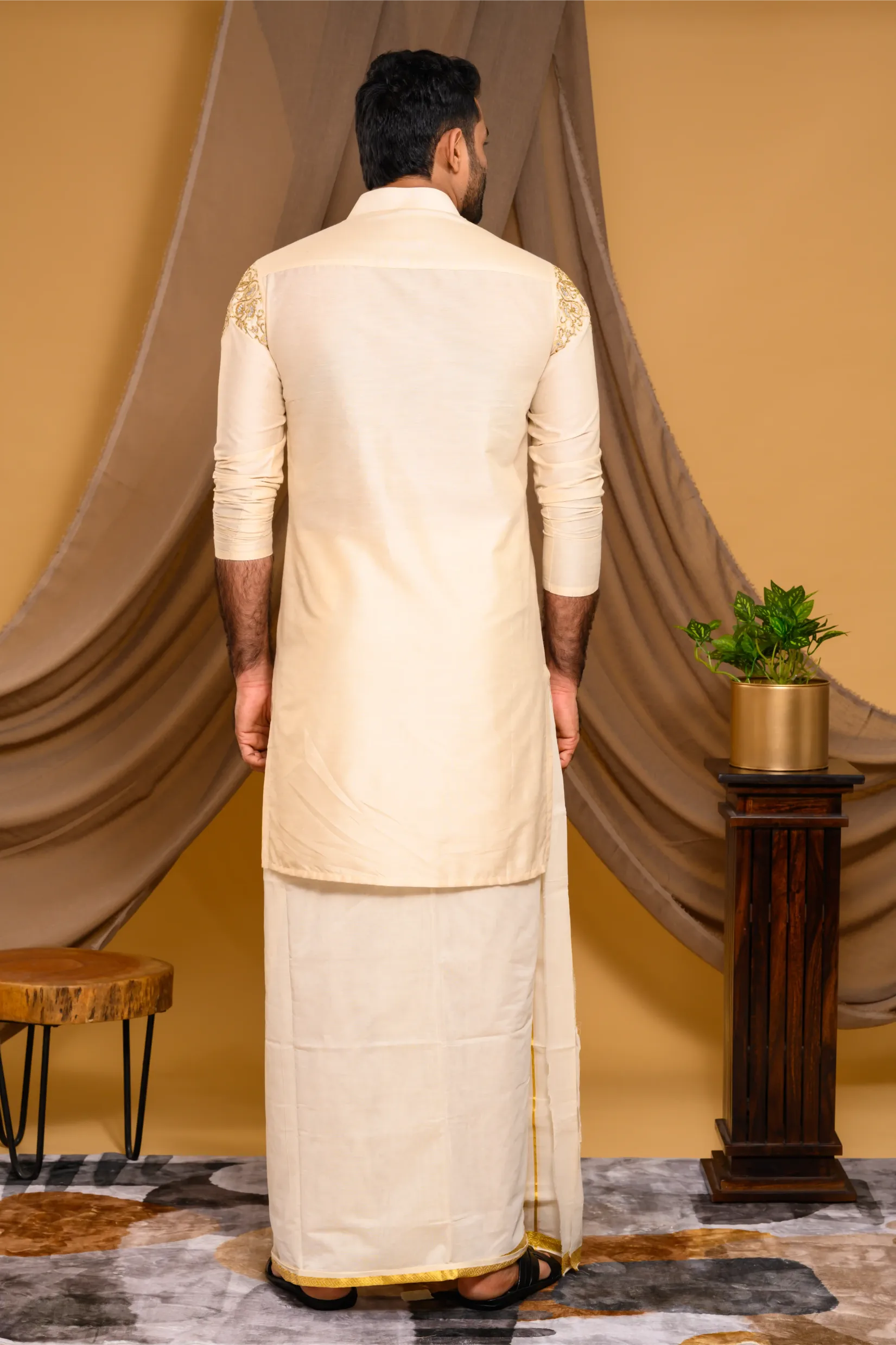Light Sand Golden Silk Kurta with Heavy Hand Embroidery detailing on Shoulder (Kurta Only)