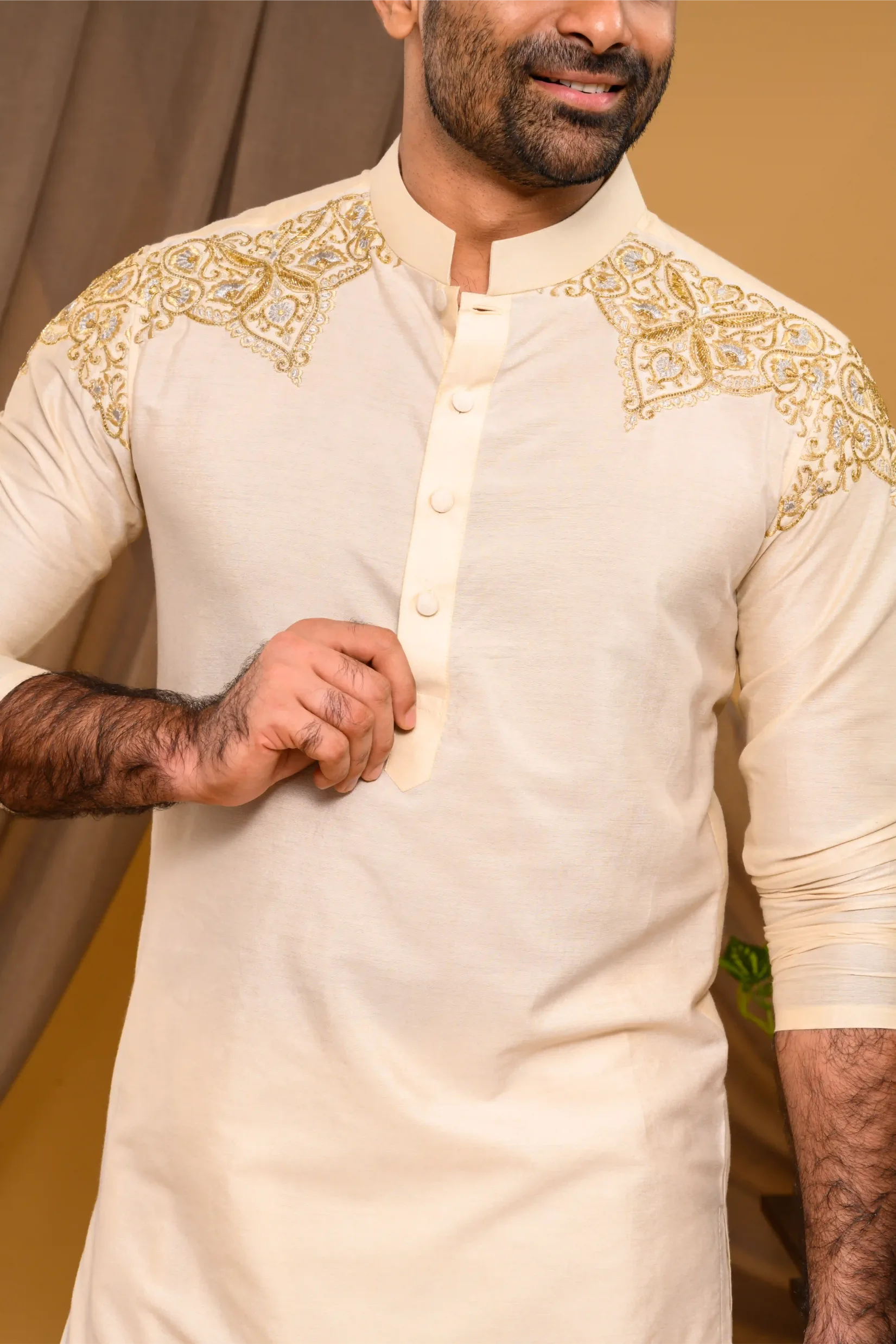 Light Sand Golden Silk Kurta with Heavy Hand Embroidery detailing on Shoulder (Kurta Only)
