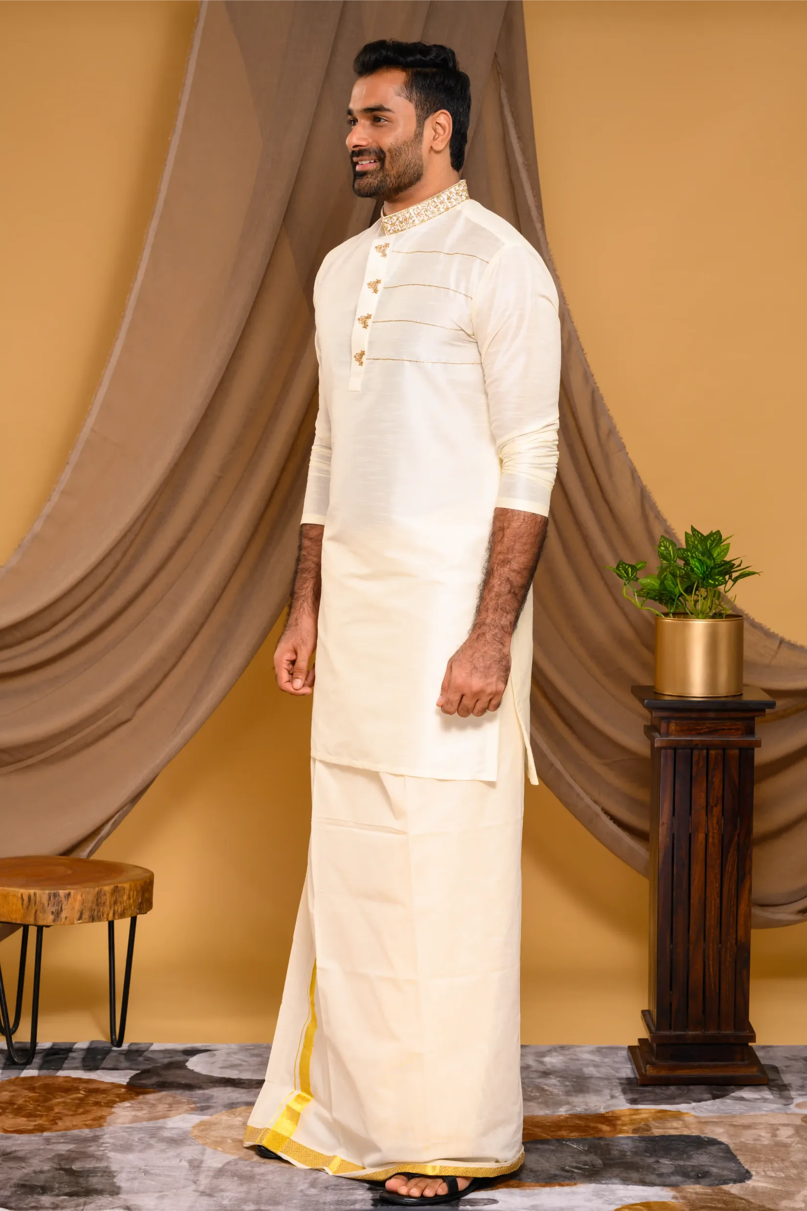 Ivory Silk Kurta with Hand Embroidery detailing  on Neck & Zari Detailing on Chest (Kurta Only)