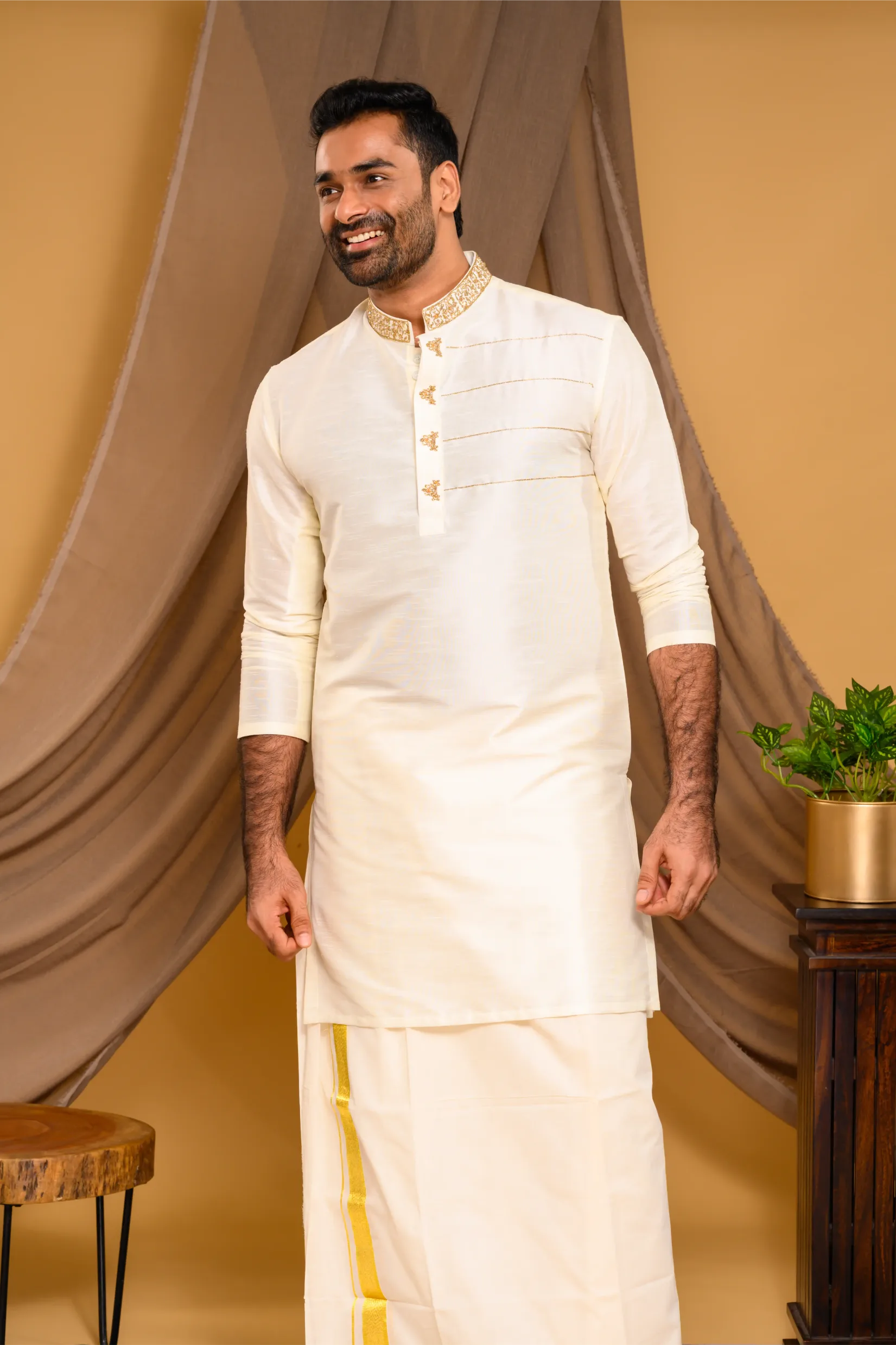 Ivory Silk Kurta with Hand Embroidery detailing  on Neck & Zari Detailing on Chest (Kurta Only)
