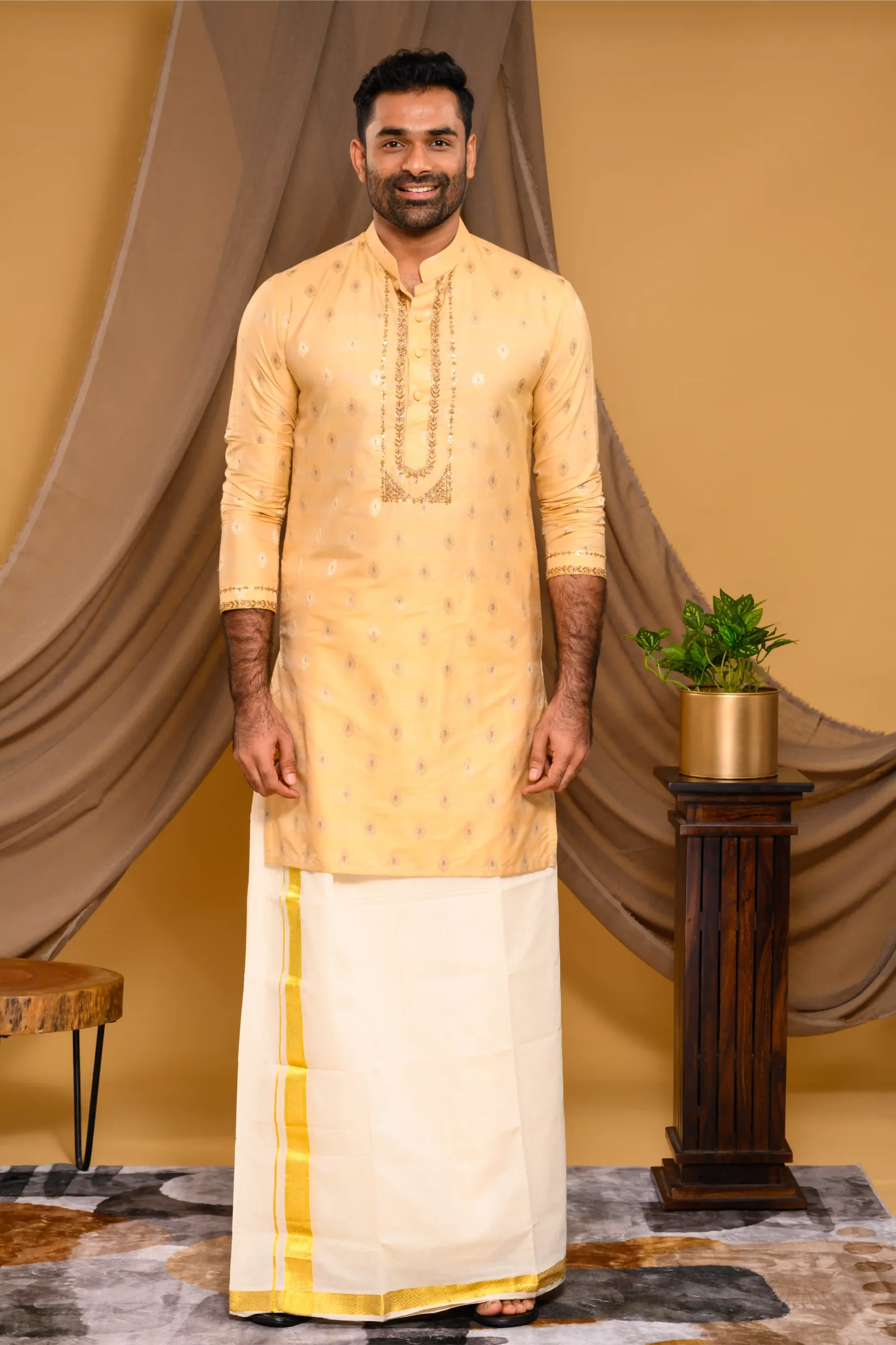 Golden Silk Brocade Kurta with Heavy Golden Handwork detailing on wide placket border & sleeve edge (Kurta Only)