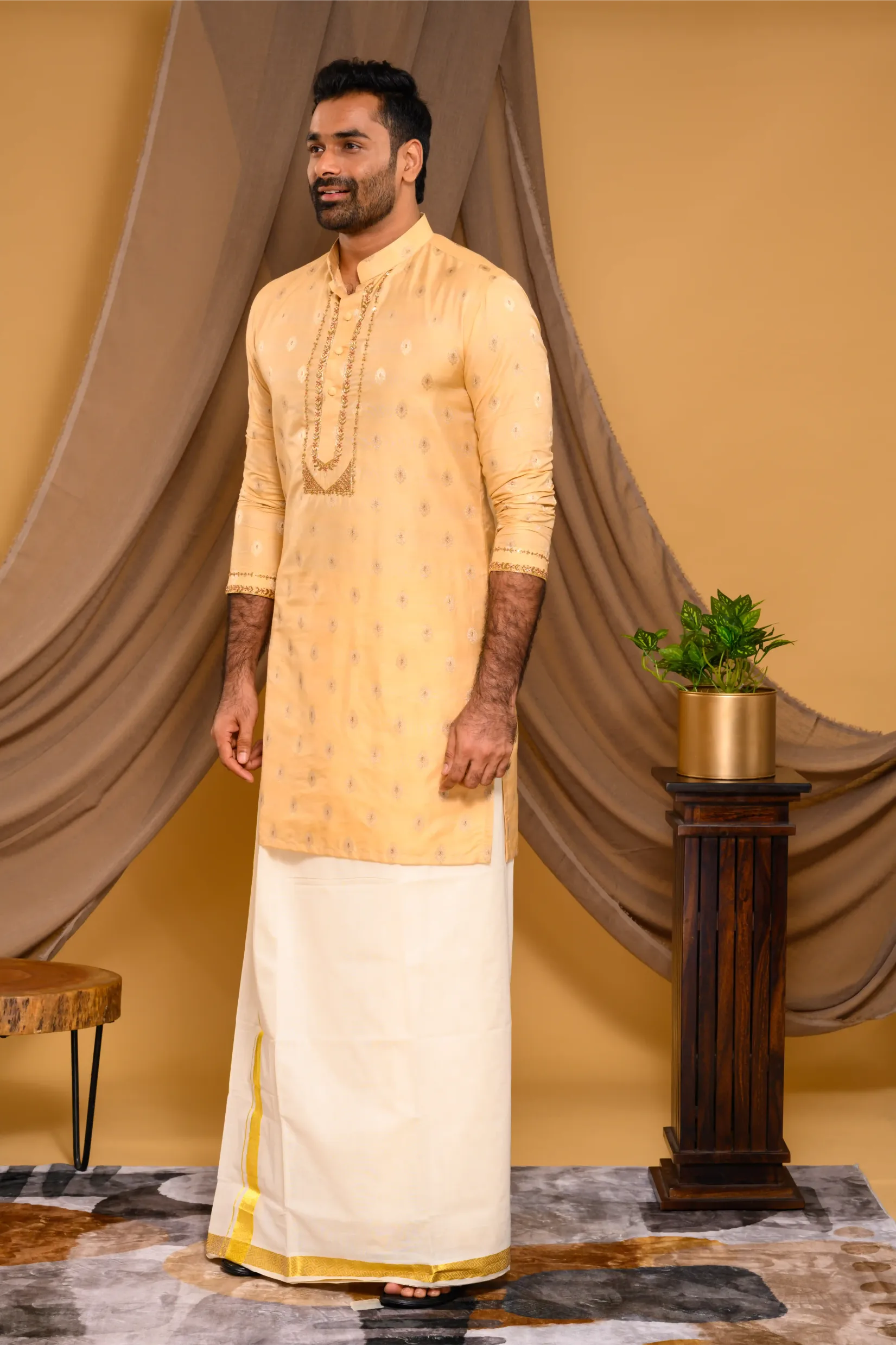 Golden Silk Brocade Kurta with Heavy Golden Handwork detailing on wide placket border & sleeve edge (Kurta Only)