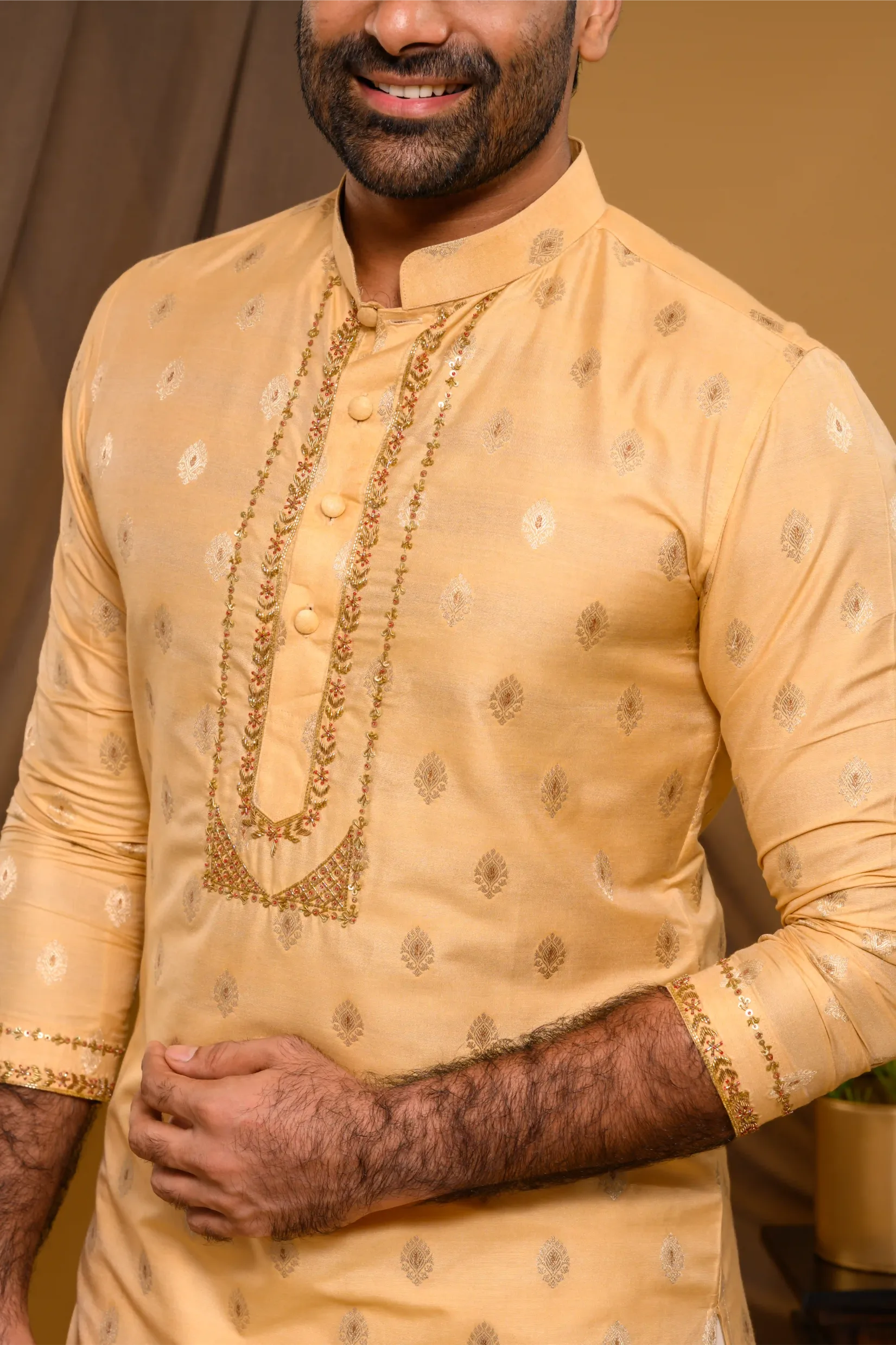 Golden Silk Brocade Kurta with Heavy Golden Handwork detailing on wide placket border & sleeve edge (Kurta Only)