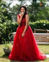 Barn Red Tulle Gown Self  Stone Hand Embroidery