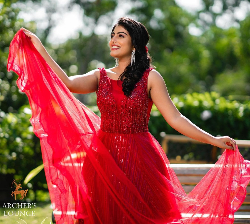 Barn Red Tulle Gown Self  Stone Hand Embroidery