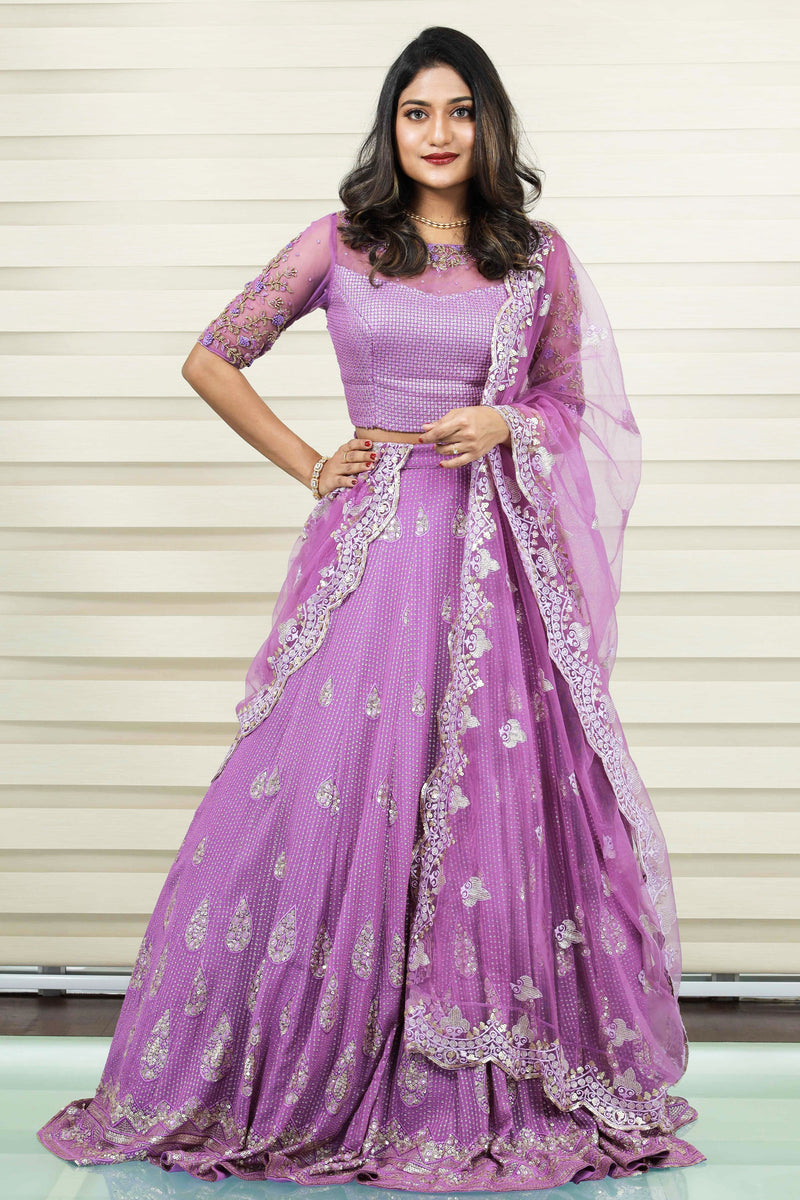 Heavy Lilac Hue Lehenga Detailed with Floral Handwork & French Knot