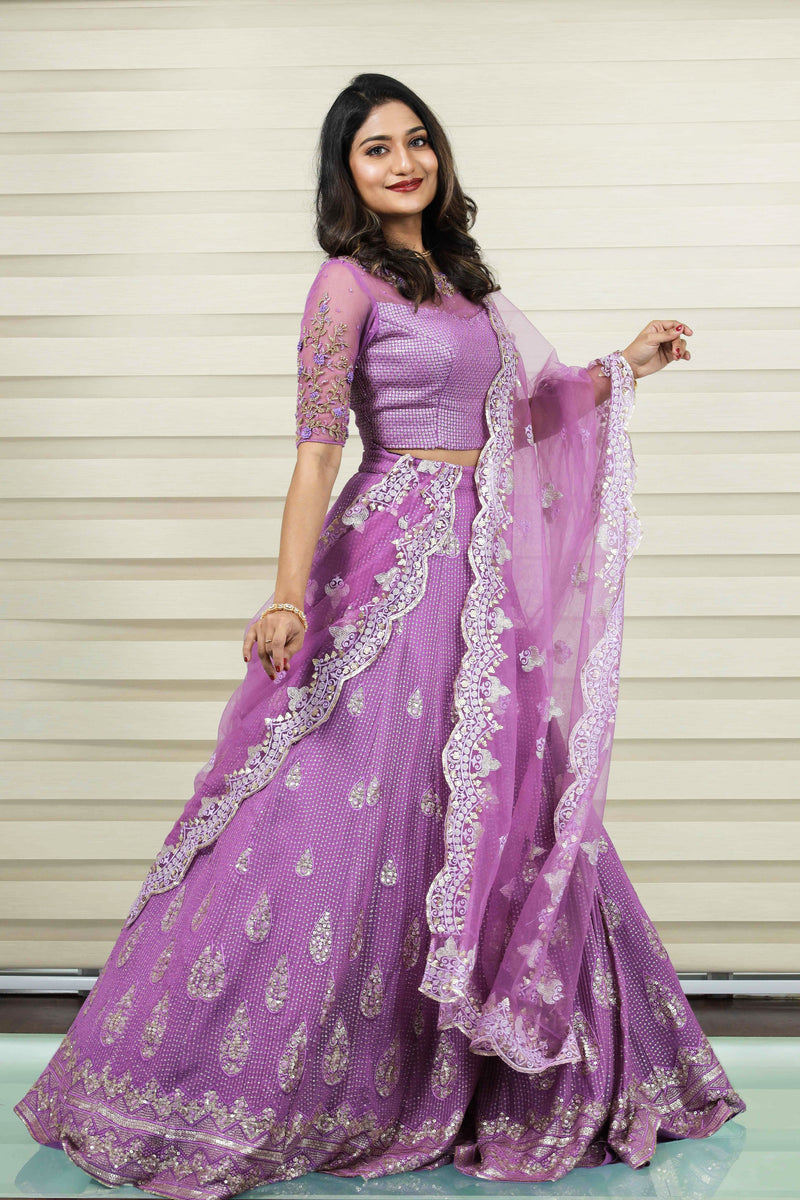 Heavy Lilac Hue Lehenga Detailed with Floral Handwork & French Knot