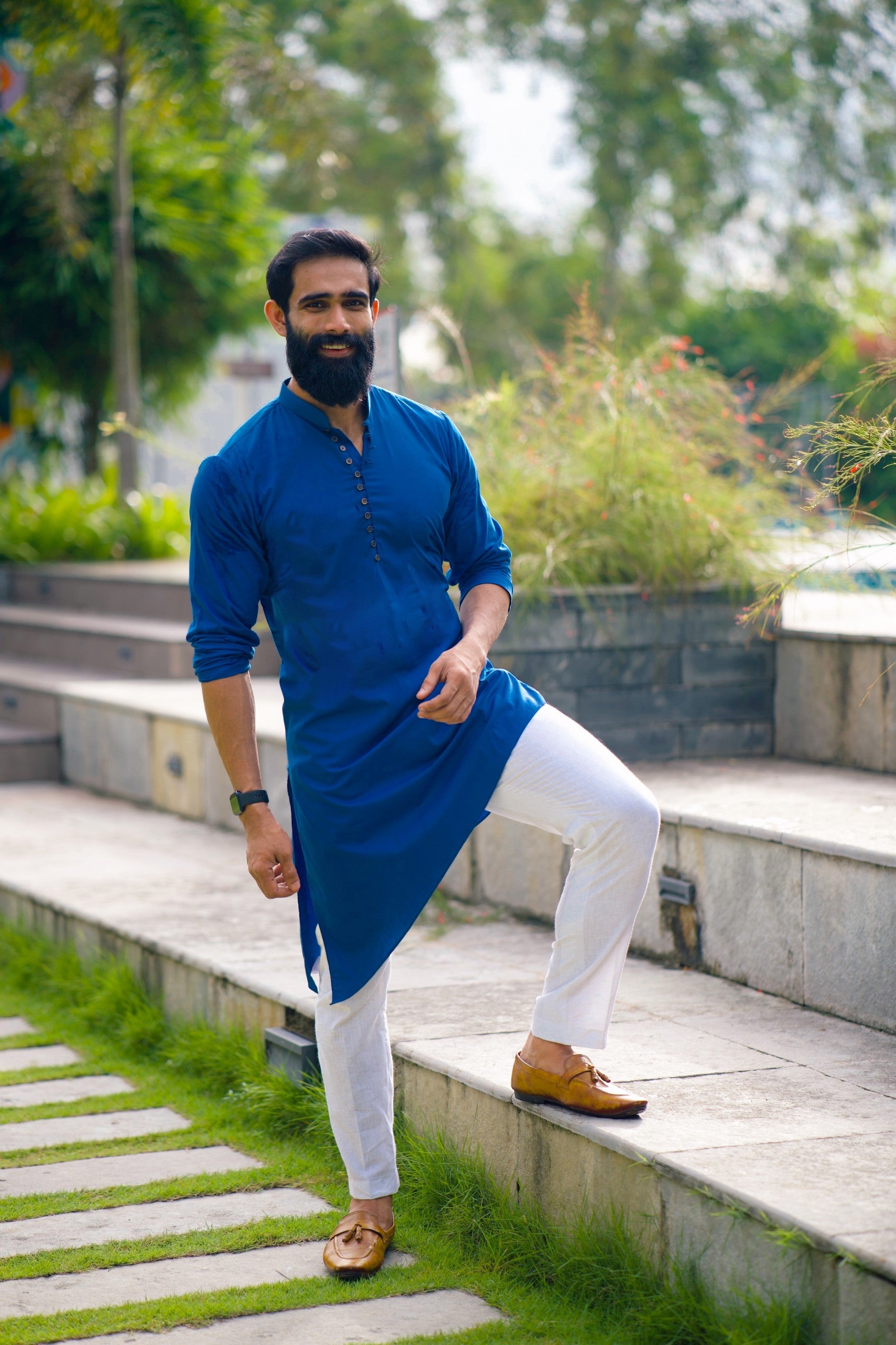 Azure Blue Asymmetrical Kurta Set (Kurta + White Bottom Pants)