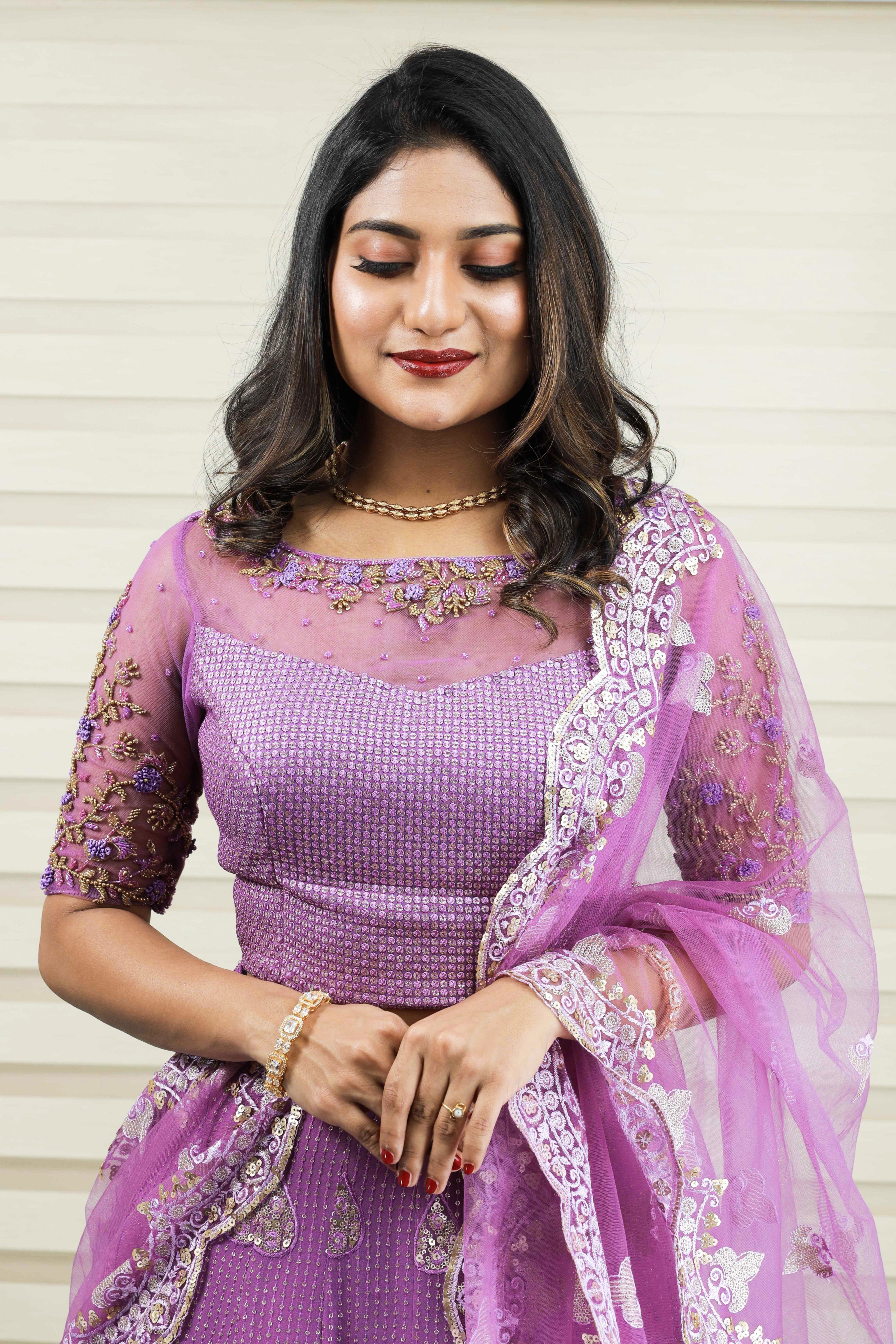 Heavy Lilac Hue Lehenga Detailed with Floral Handwork & French Knot