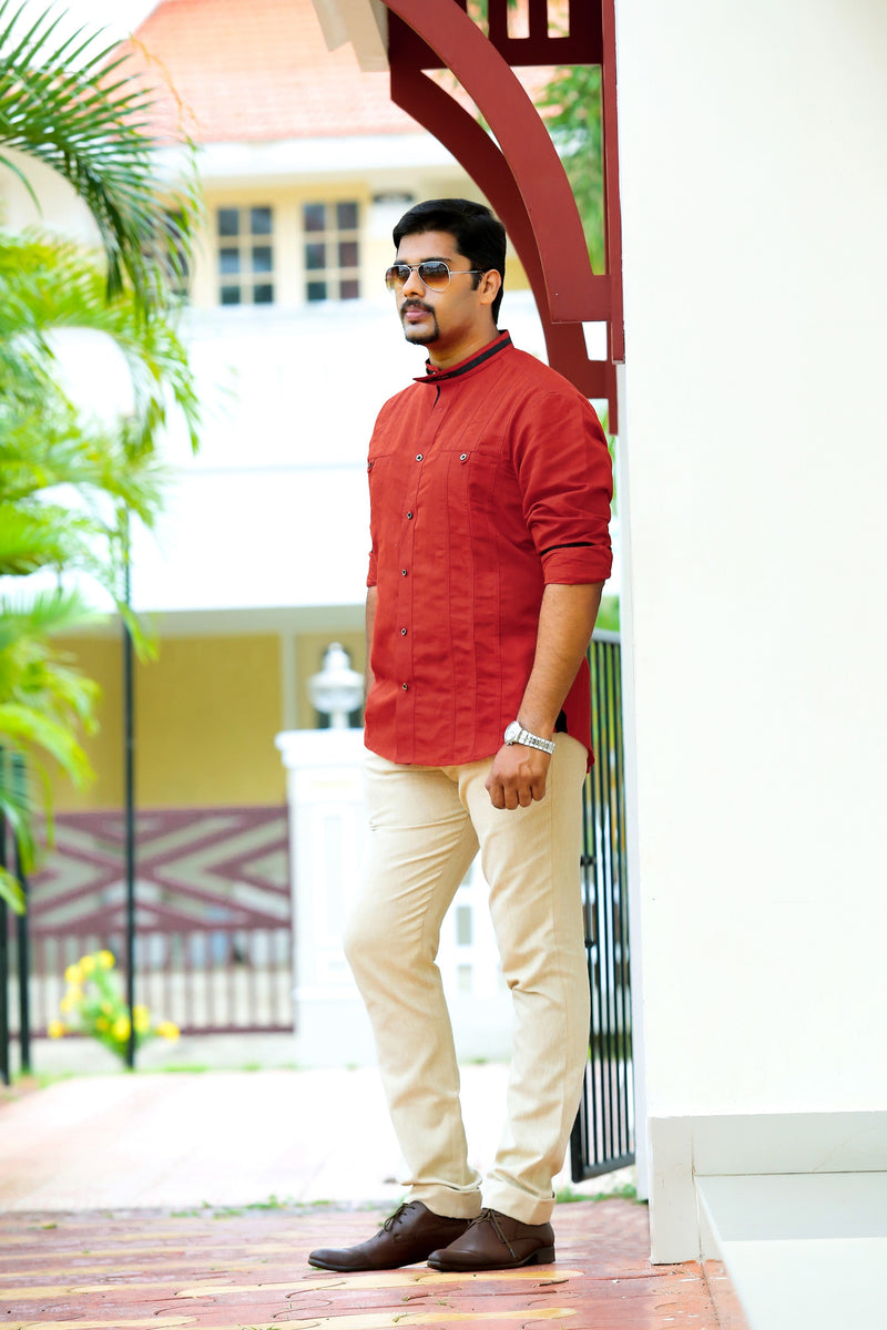 Ruby Red Linen Shirt with Black Contrast Detailing on Neck, Sleeves & Placket (Shirt + Beige Pants)