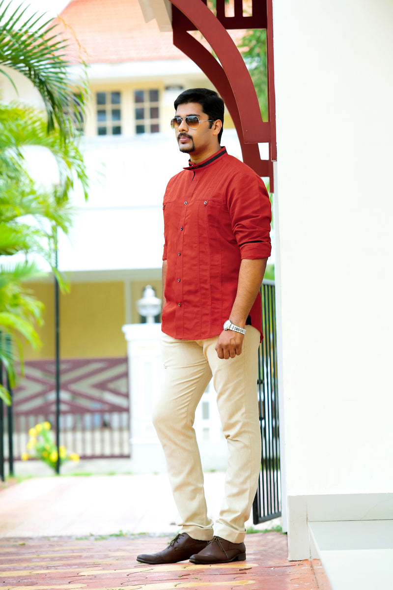 Ruby Red Linen Shirt with Black Contrast Detailing on Neck, Sleeves & Placket (Only Shirt)