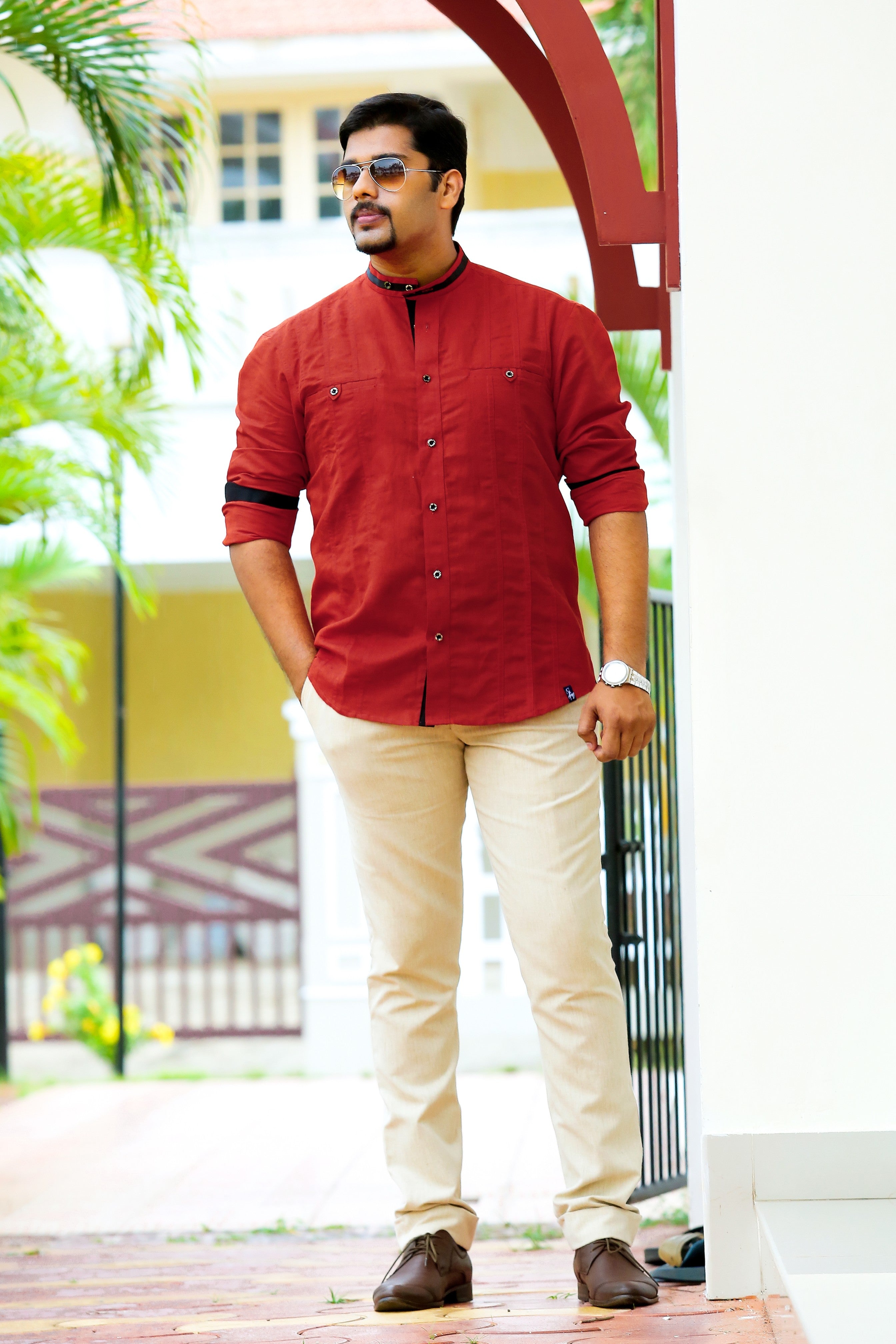 Ruby Red Linen Shirt with Black Contrast Detailing on Neck, Sleeves & Placket (Only Shirt)