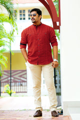 Ruby Red Linen Shirt with Black Contrast Detailing on Neck, Sleeves & Placket (Shirt + Beige Pants)
