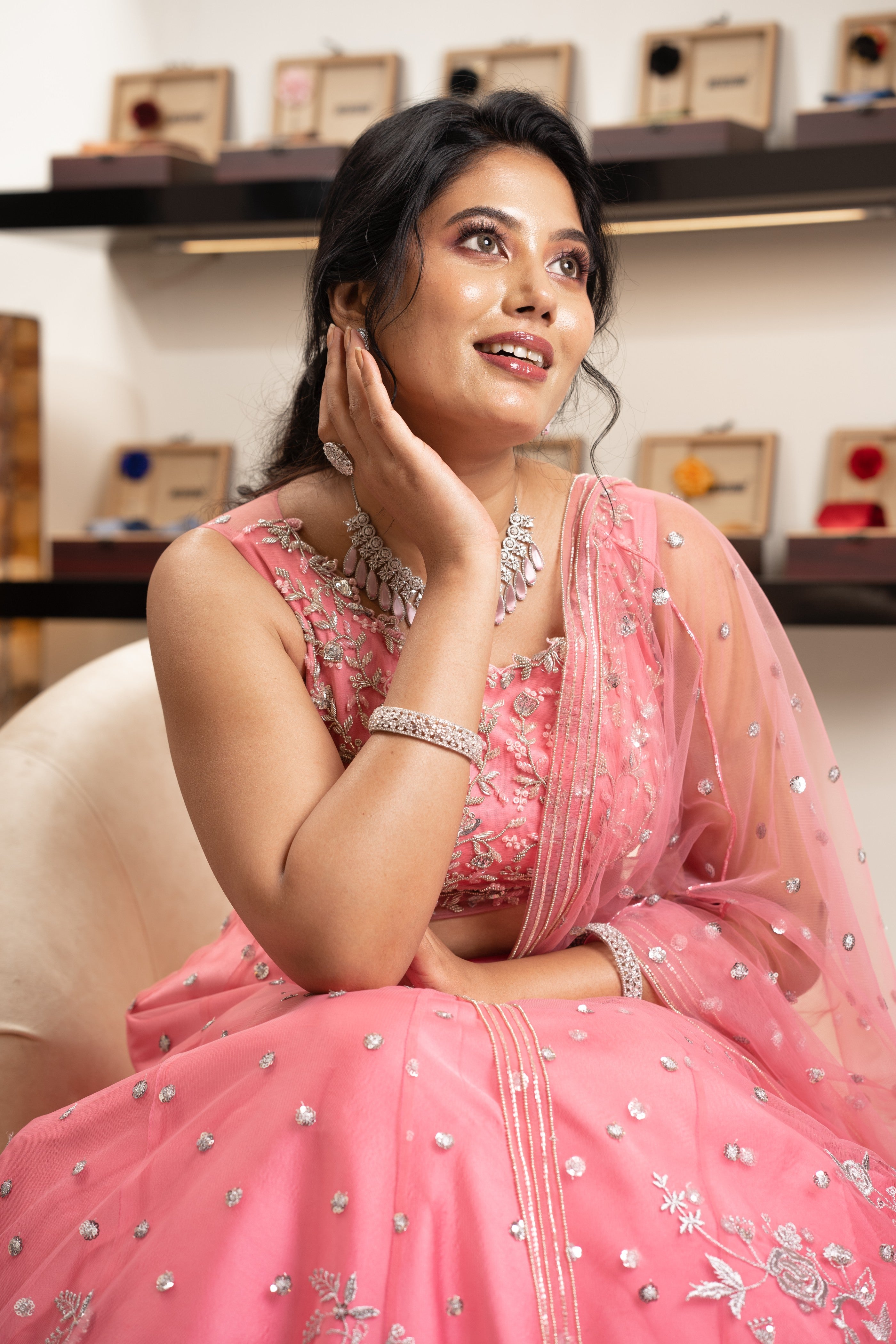 Watermelon Pink Bridal Lehenga With Silver Handwork Detail