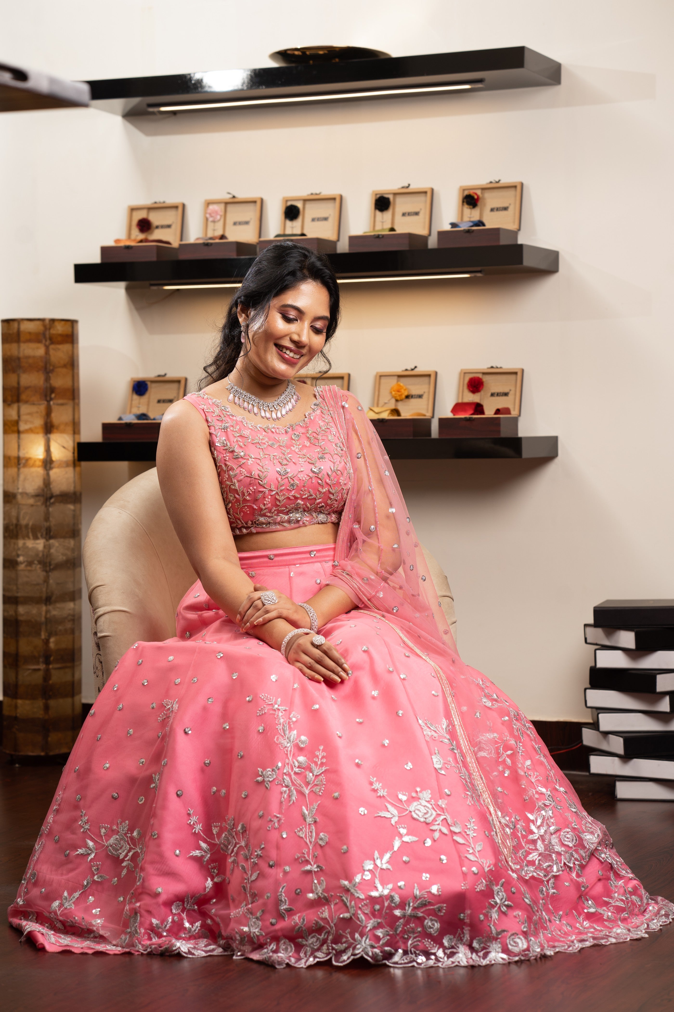 Watermelon Pink Bridal Lehenga With Silver Handwork Detail