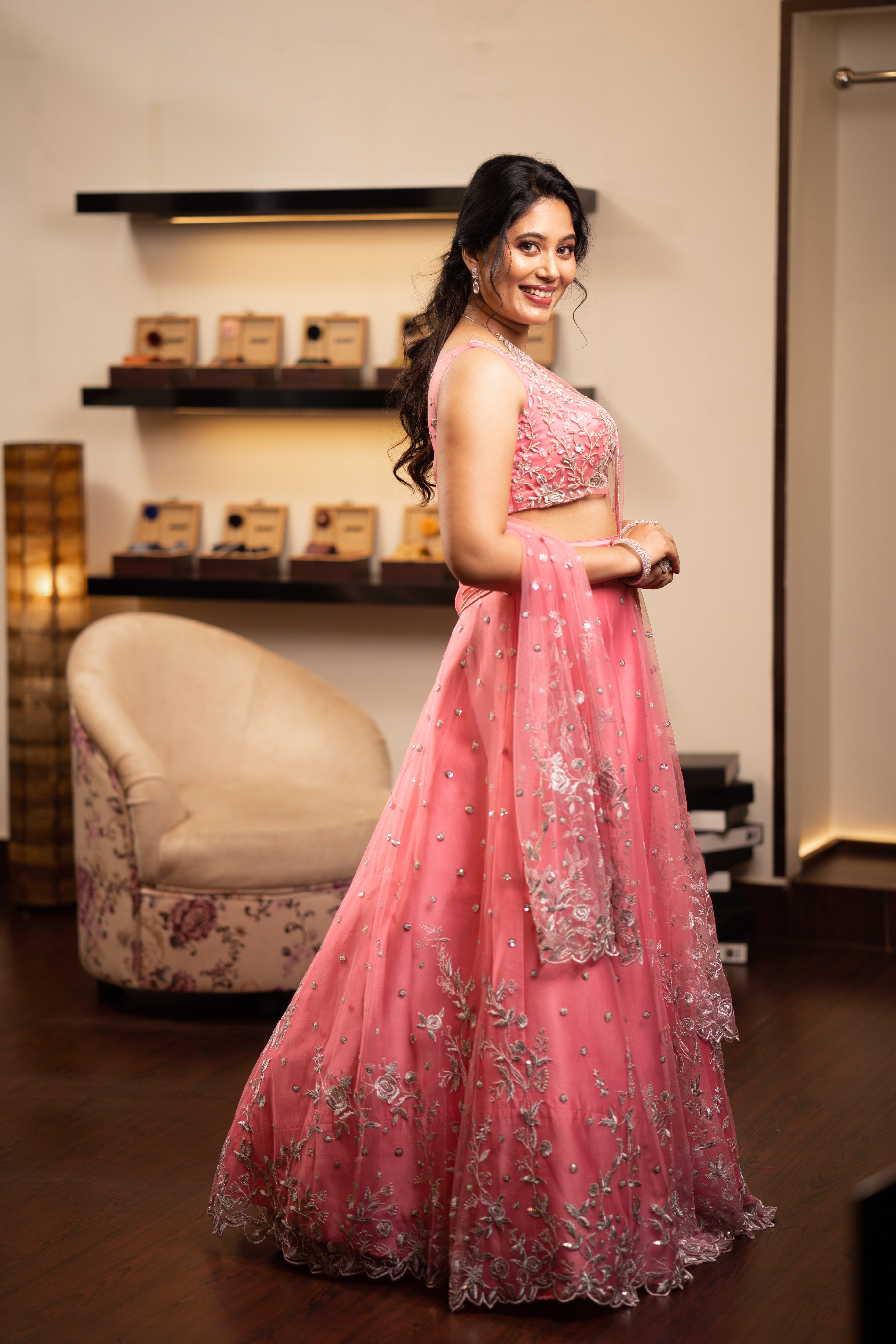 Watermelon Pink Bridal Lehenga With Silver Handwork Detail