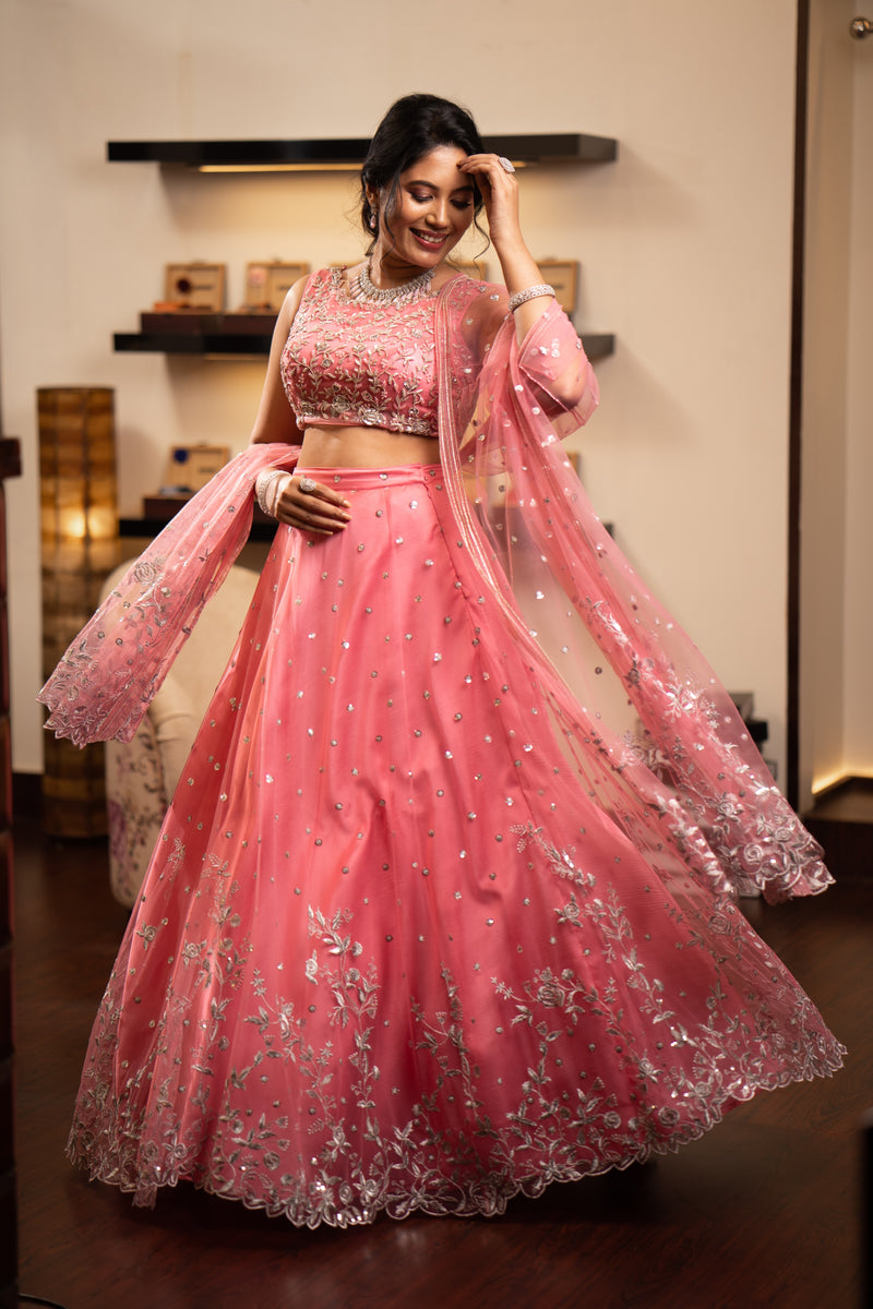 Buy Pink Lehenga And Blouse Pure Raw Silk Embroidery Floral V Bridal Set  For Women by Bindani by Jigar & Nikita Online at Aza Fashions.