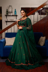 Pine Green Lehenga Detailed with Contrast Red French Knots & Golden Embroidery