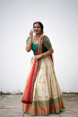 Cadmium Green/ Beige Traditional Lehenga Detailed Red & Gold hand Embroidery