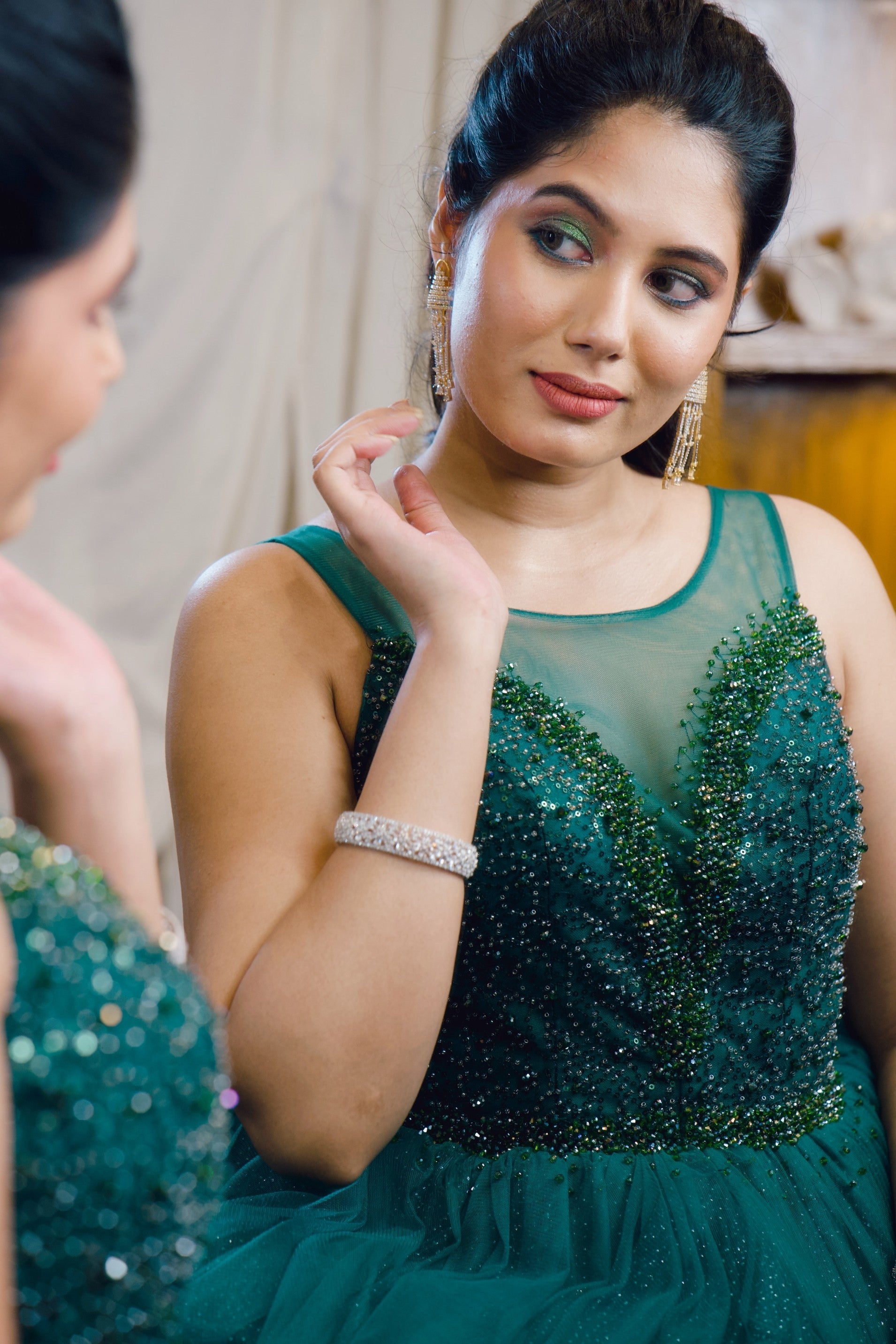 Evening Tulle Gown With Self Stone Hand Embroidery