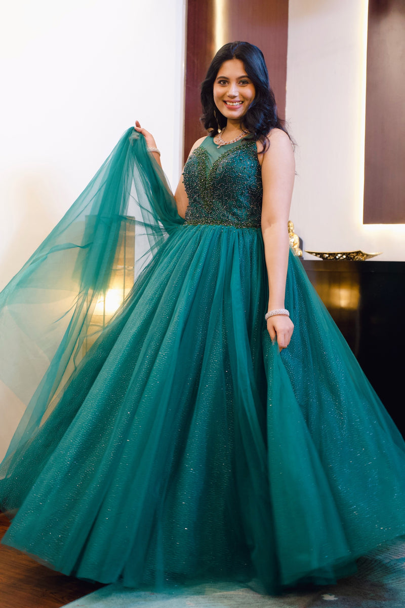 Evening Tulle Gown With Self Stone Hand Embroidery