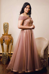 Beaver Brown Evening Gown With Golden Embroidery
