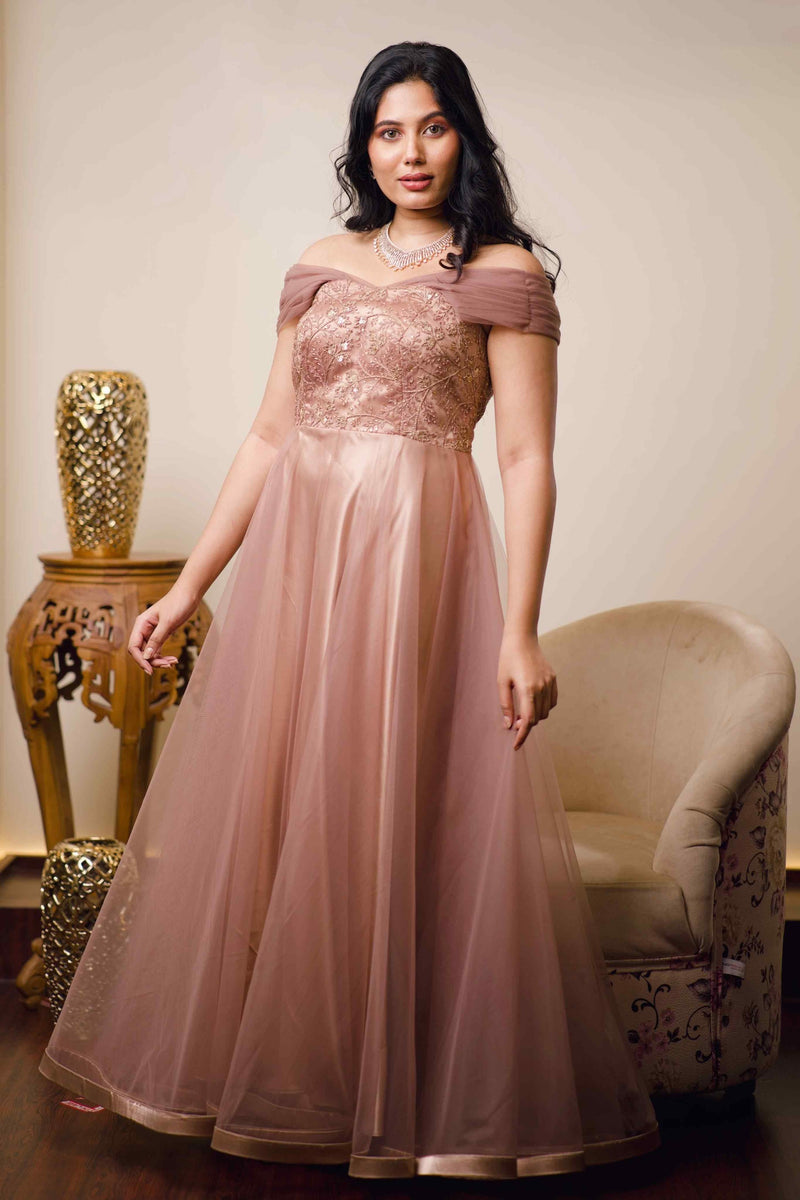 Beaver Brown Evening Gown With Golden Embroidery – archerslounge